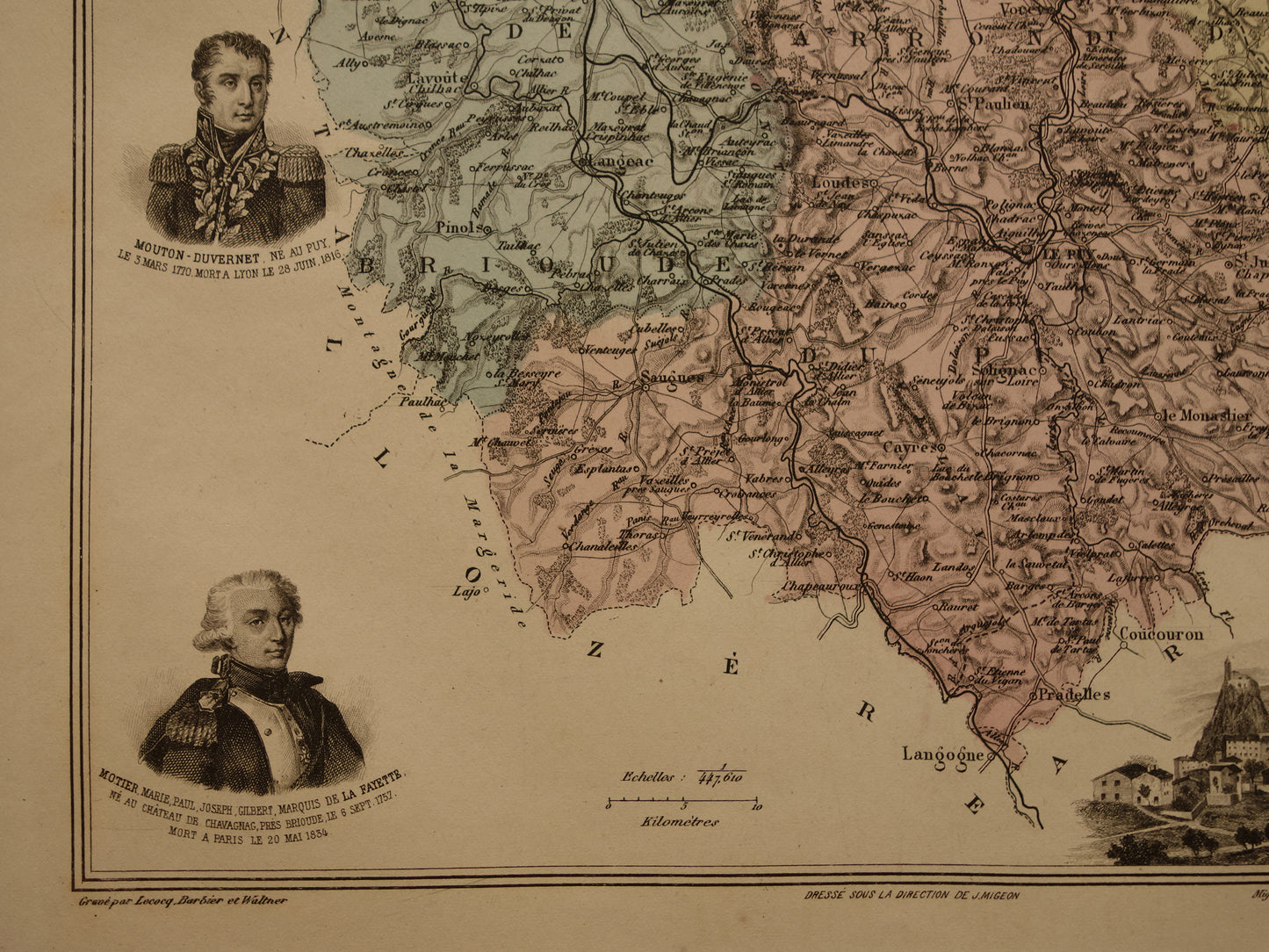 Oude kaart van Haute Loire departement in Frankrijk uit 1886 originele antieke handgekleurde landkaart Le Puy