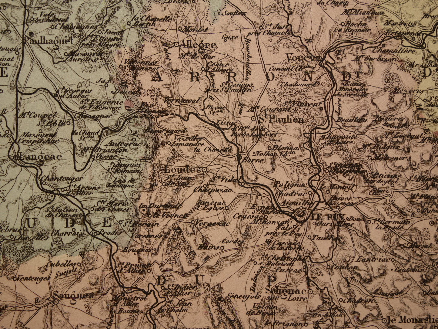 Oude kaart van Haute Loire departement in Frankrijk uit 1886 originele antieke handgekleurde landkaart Le Puy