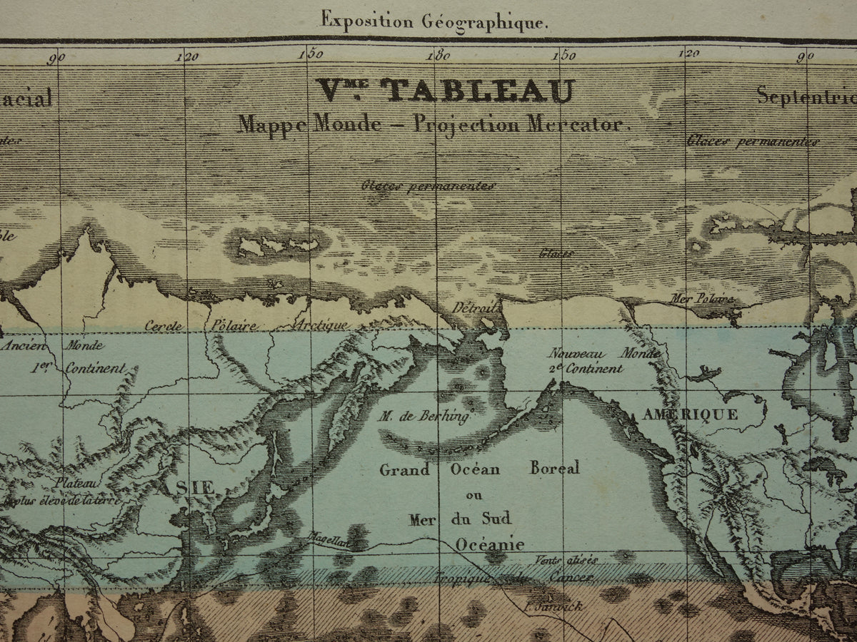 Oude Wereldkaart uit 1877 originele antieke Franse kaart van de wereld in Mercator projectie