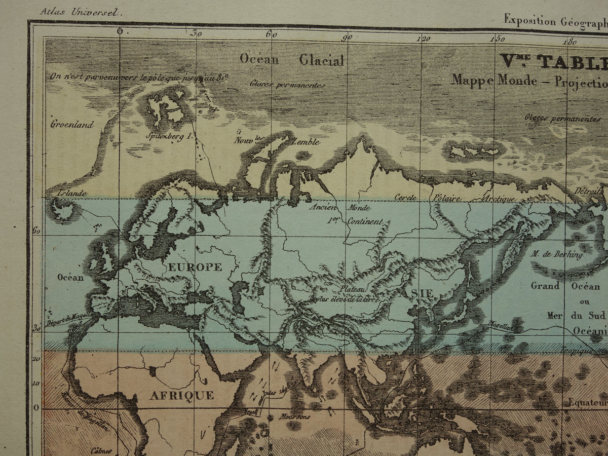 Oude Wereldkaart uit 1877 originele antieke Franse kaart van de wereld in Mercator projectie