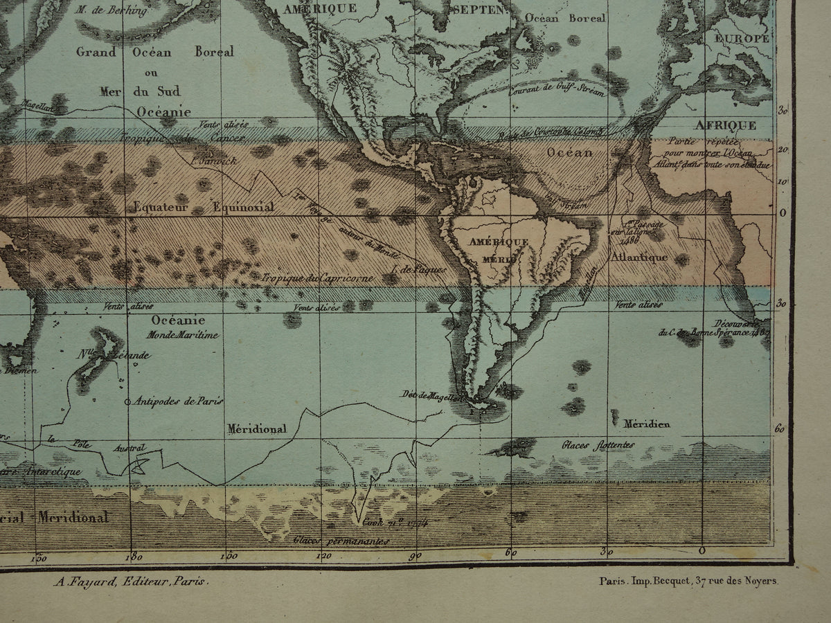 Oude Wereldkaart uit 1877 originele antieke Franse kaart van de wereld in Mercator projectie