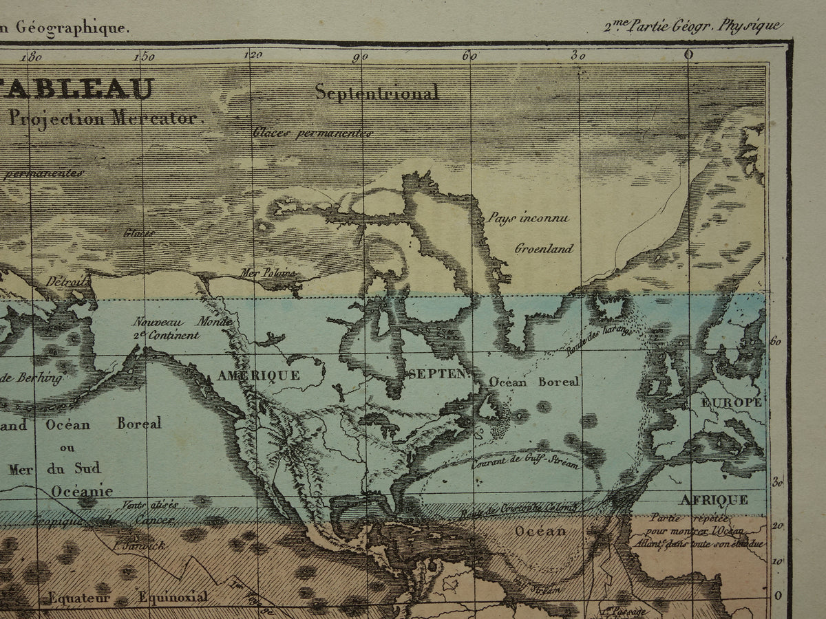 Oude Wereldkaart uit 1877 originele antieke Franse kaart van de wereld in Mercator projectie