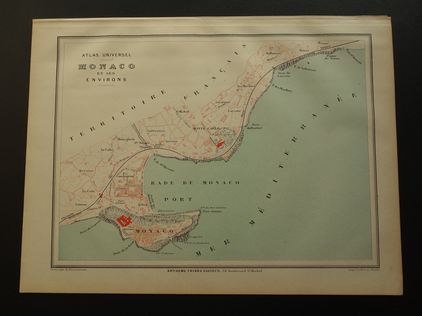 MONACO Oude kaart van Monaco uit 1879 originele antieke Franse plattegrond historische kaarten Monte Carlo