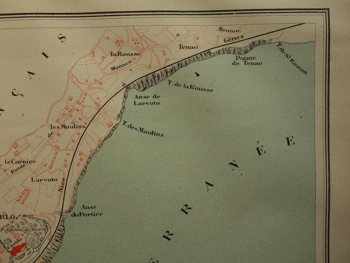 MONACO Oude kaart van Monaco uit 1879 originele antieke Franse plattegrond historische kaarten Monte Carlo
