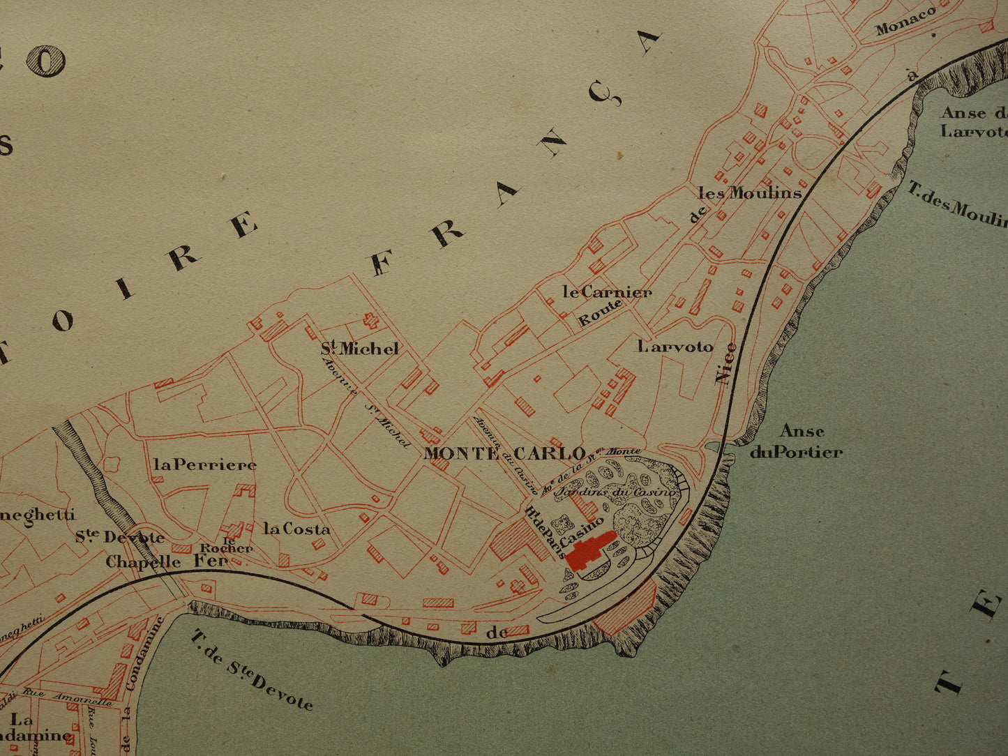 MONACO Oude kaart van Monaco uit 1879 originele antieke Franse plattegrond historische kaarten Monte Carlo