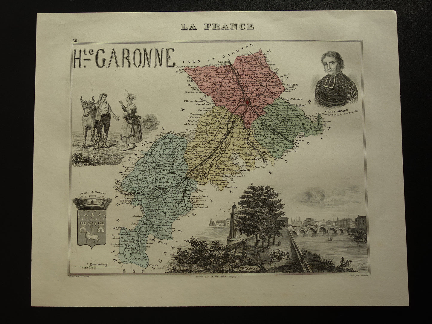 Oude kaart van Haute-Garonne departement in Frankrijk uit 1876 originele antieke handgekleurde landkaart Toulouse Colomiers Muret