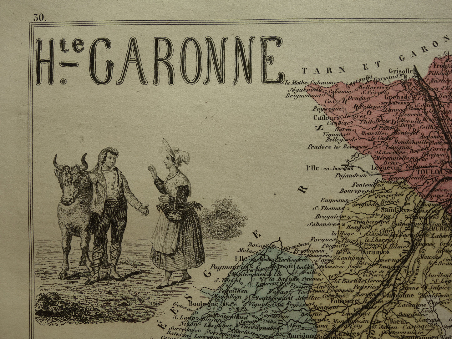 Oude kaart van Haute-Garonne departement in Frankrijk uit 1876 originele antieke handgekleurde landkaart Toulouse Colomiers Muret