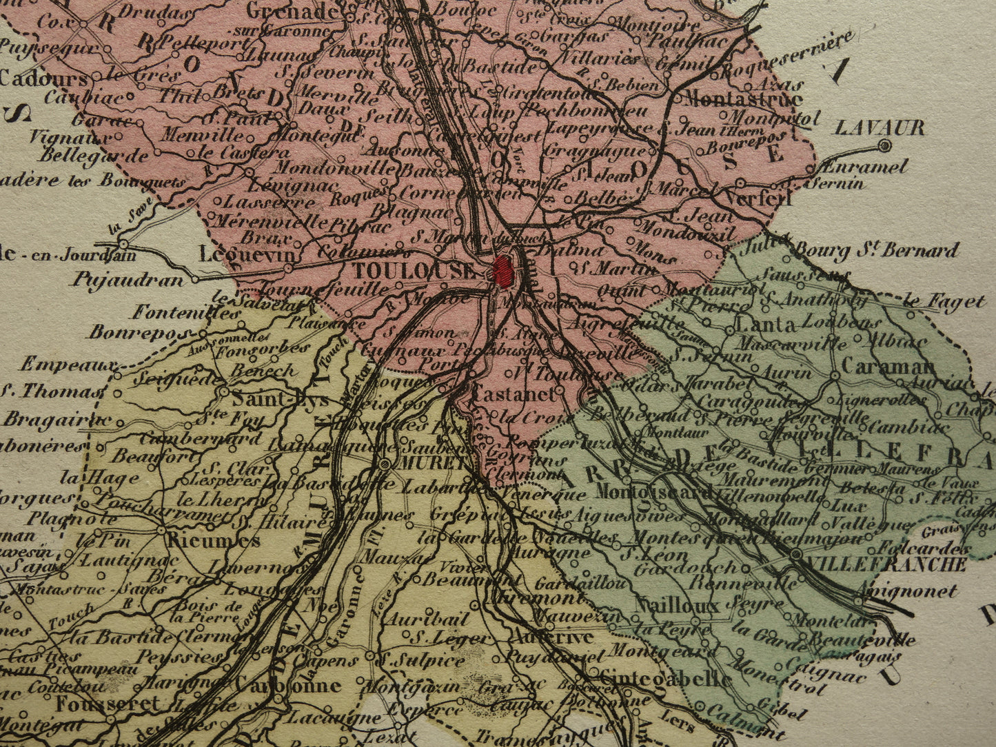 Oude kaart van Haute-Garonne departement in Frankrijk uit 1876 originele antieke handgekleurde landkaart Toulouse Colomiers Muret