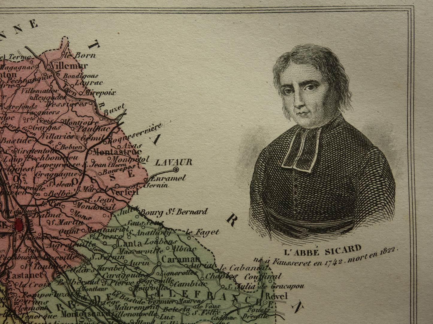 Oude kaart van Haute-Garonne departement in Frankrijk uit 1876 originele antieke handgekleurde landkaart Toulouse Colomiers Muret