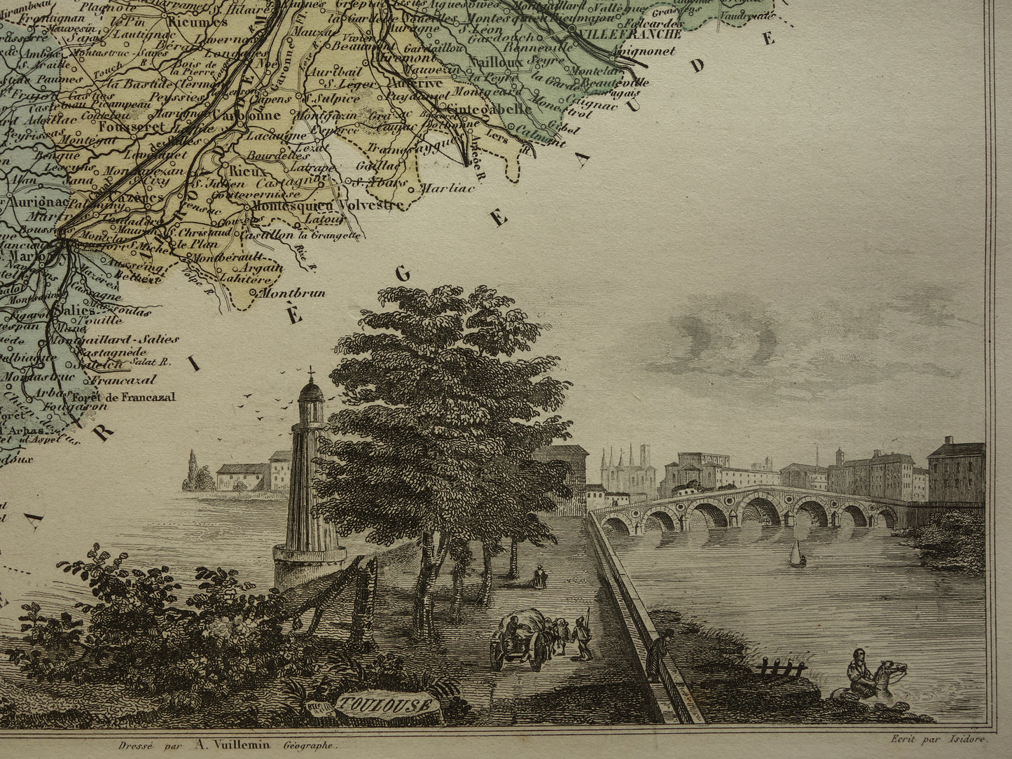 Oude kaart van Haute-Garonne departement in Frankrijk uit 1876 originele antieke handgekleurde landkaart Toulouse Colomiers Muret