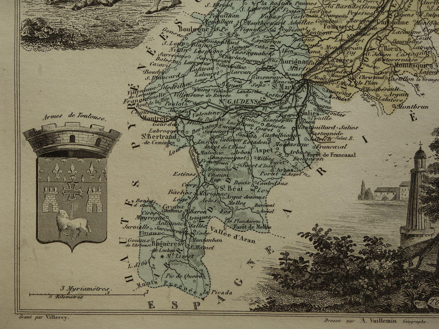 Oude kaart van Haute-Garonne departement in Frankrijk uit 1876 originele antieke handgekleurde landkaart Toulouse Colomiers Muret