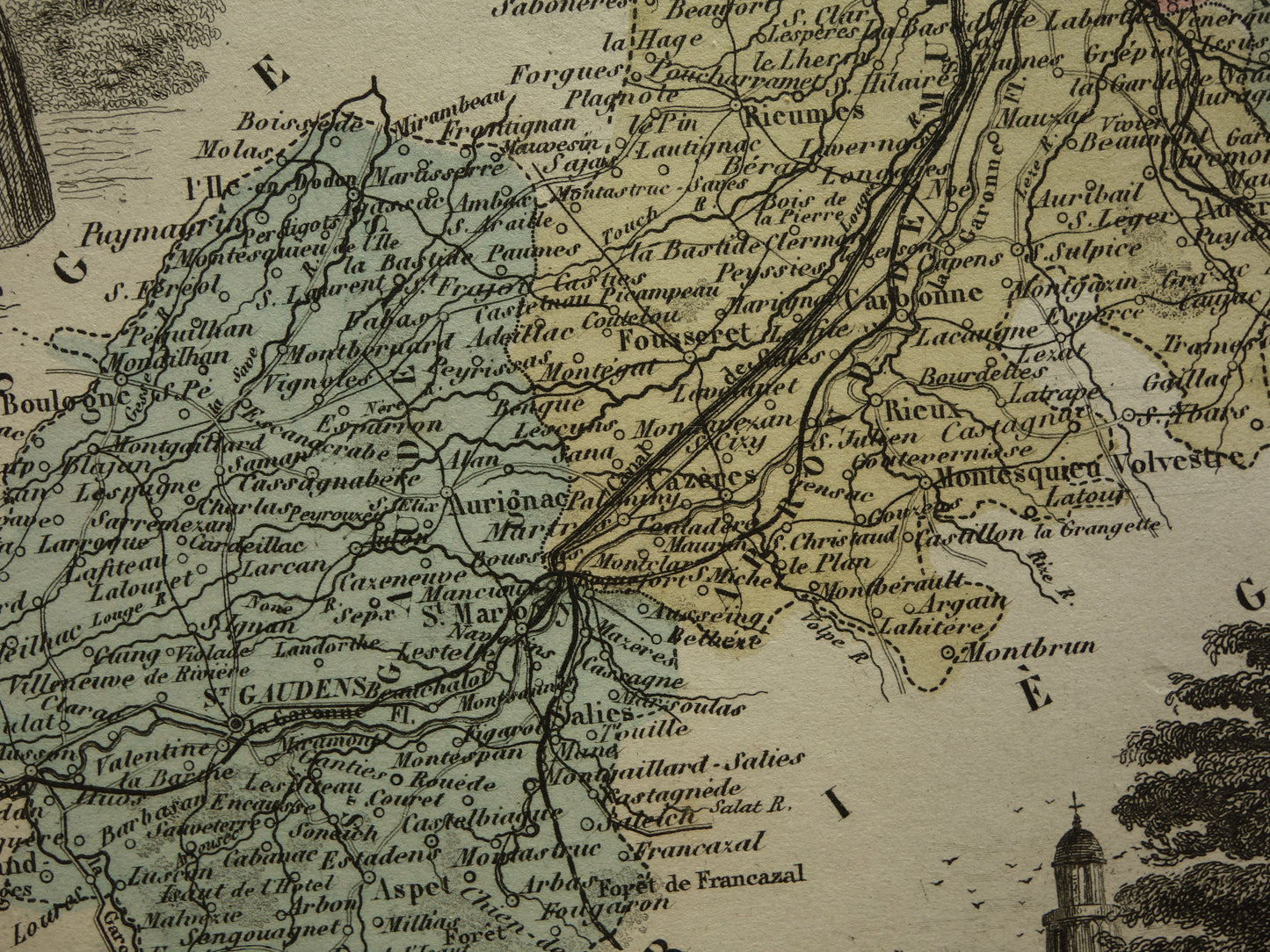 Oude kaart van Haute-Garonne departement in Frankrijk uit 1876 originele antieke handgekleurde landkaart Toulouse Colomiers Muret