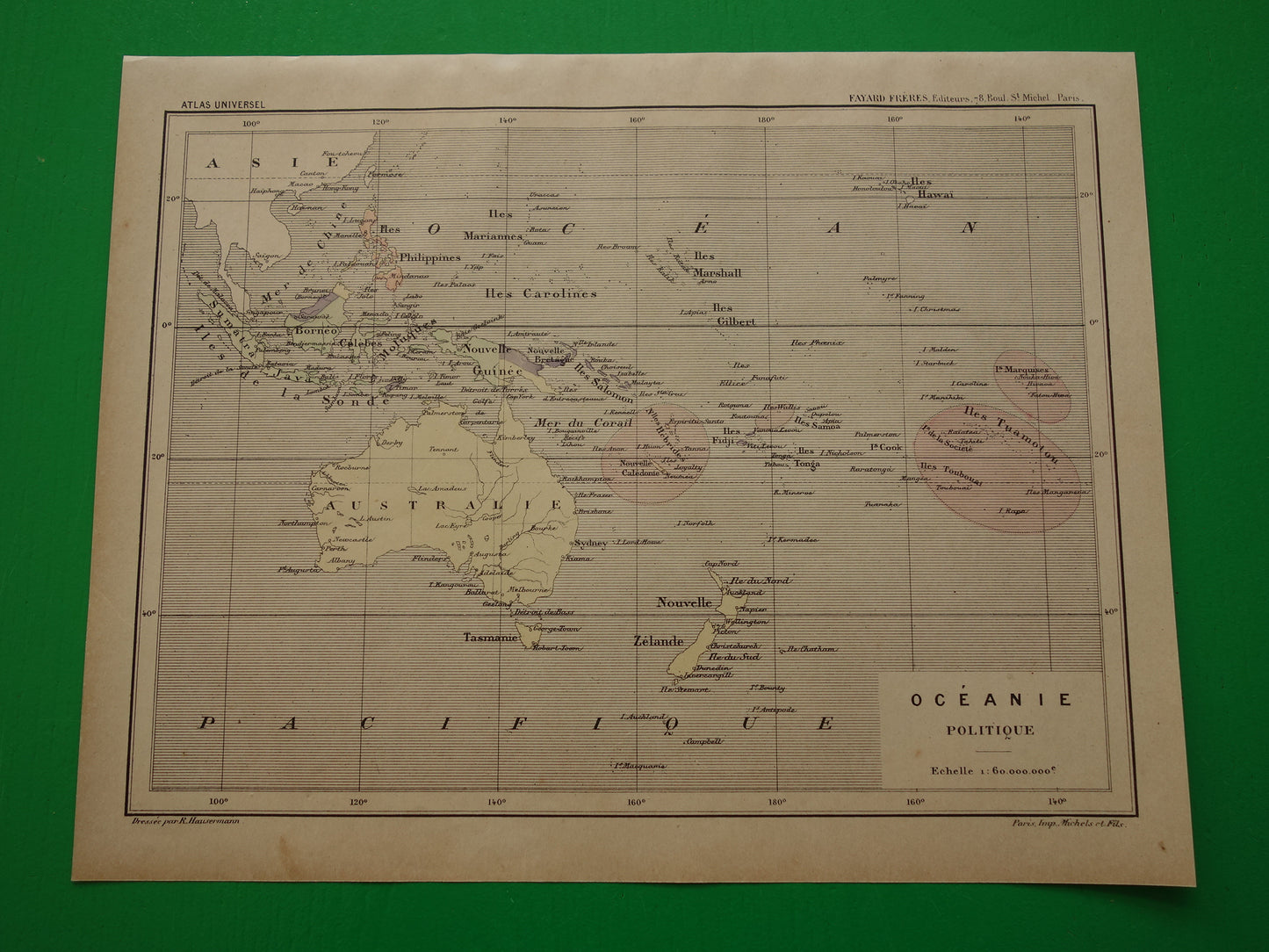 Oude landkaart van Oceanië uit 1896 originele antieke kaart Australië Indonesië Nieuw-Zeeland - Franse handgekleurde kaart