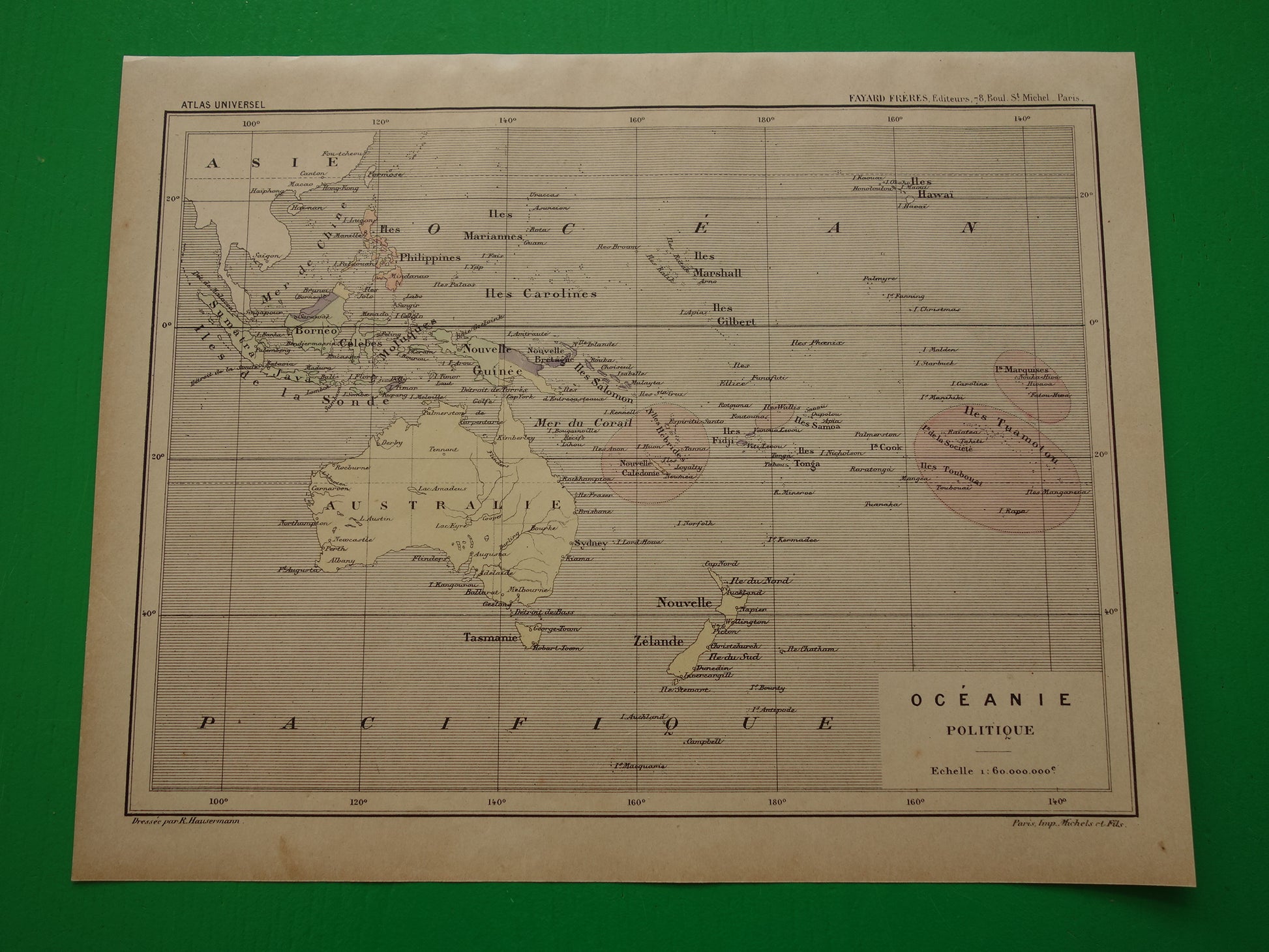 Oude landkaart van Oceanië uit 1896 originele antieke kaart Australië Indonesië Nieuw-Zeeland - Franse handgekleurde kaart