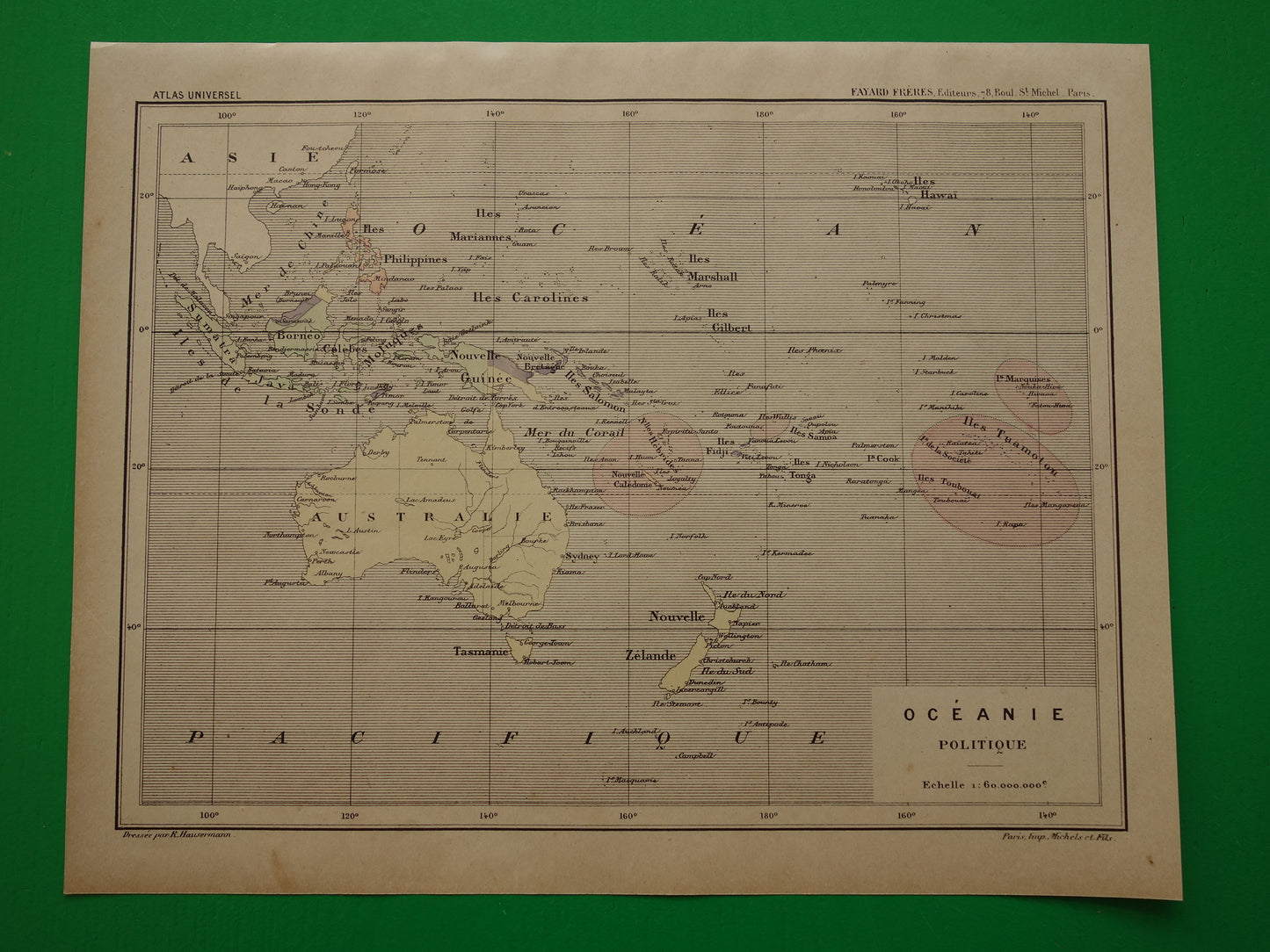 Oude landkaart van Oceanië uit 1896 originele antieke kaart Australië Indonesië Nieuw-Zeeland - Franse handgekleurde kaart