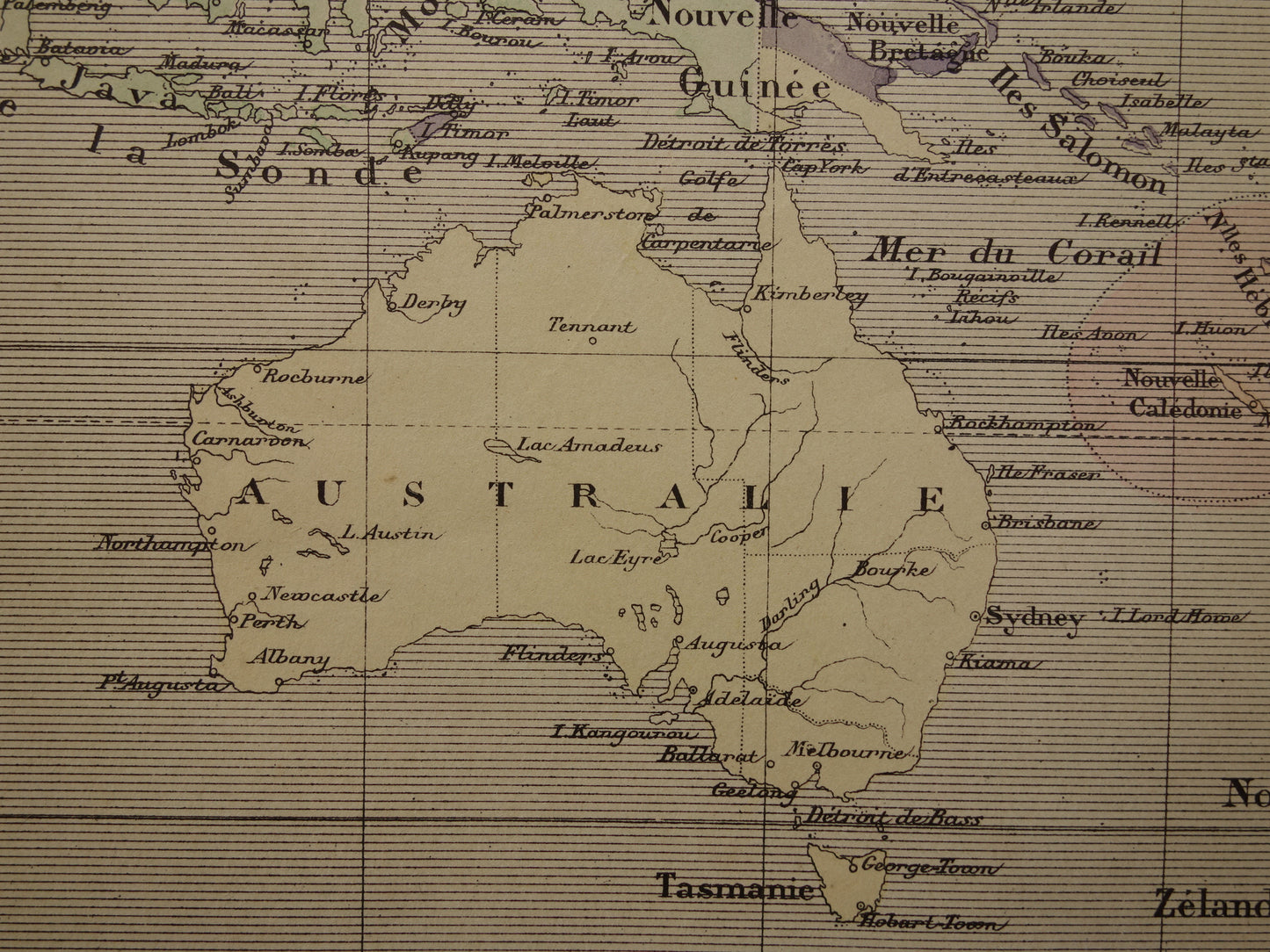 Oude landkaart van Oceanië uit 1896 originele antieke kaart Australië Indonesië Nieuw-Zeeland - Franse handgekleurde kaart