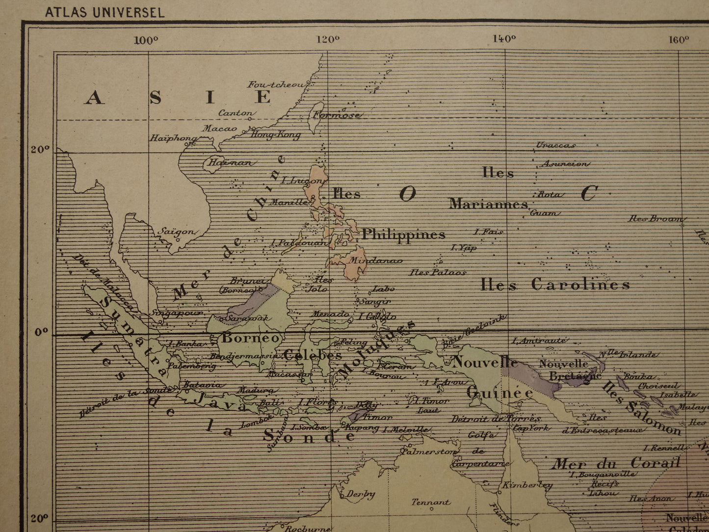 Oude landkaart van Oceanië uit 1896 originele antieke kaart Australië Indonesië Nieuw-Zeeland - Franse handgekleurde kaart