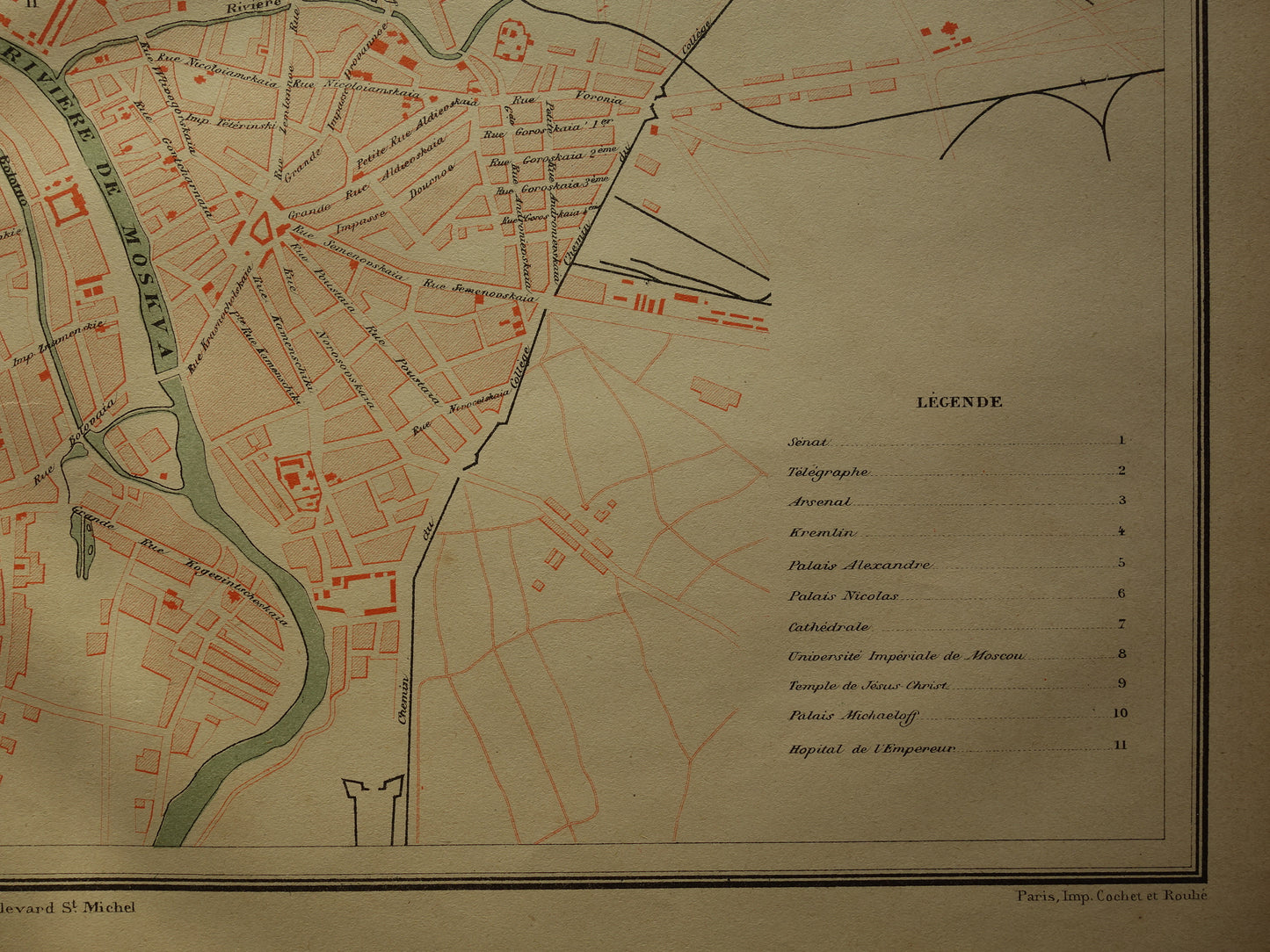 MOSKOU Oude kaart van Moskou Rusland uit 1879 - beschadigd - originele historische plattegrond antieke kaarten