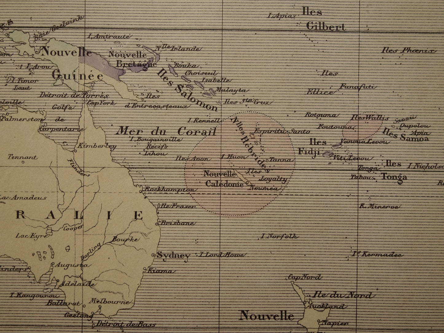 Oude landkaart van Oceanië uit 1896 originele antieke kaart Australië Indonesië Nieuw-Zeeland - Franse handgekleurde kaart