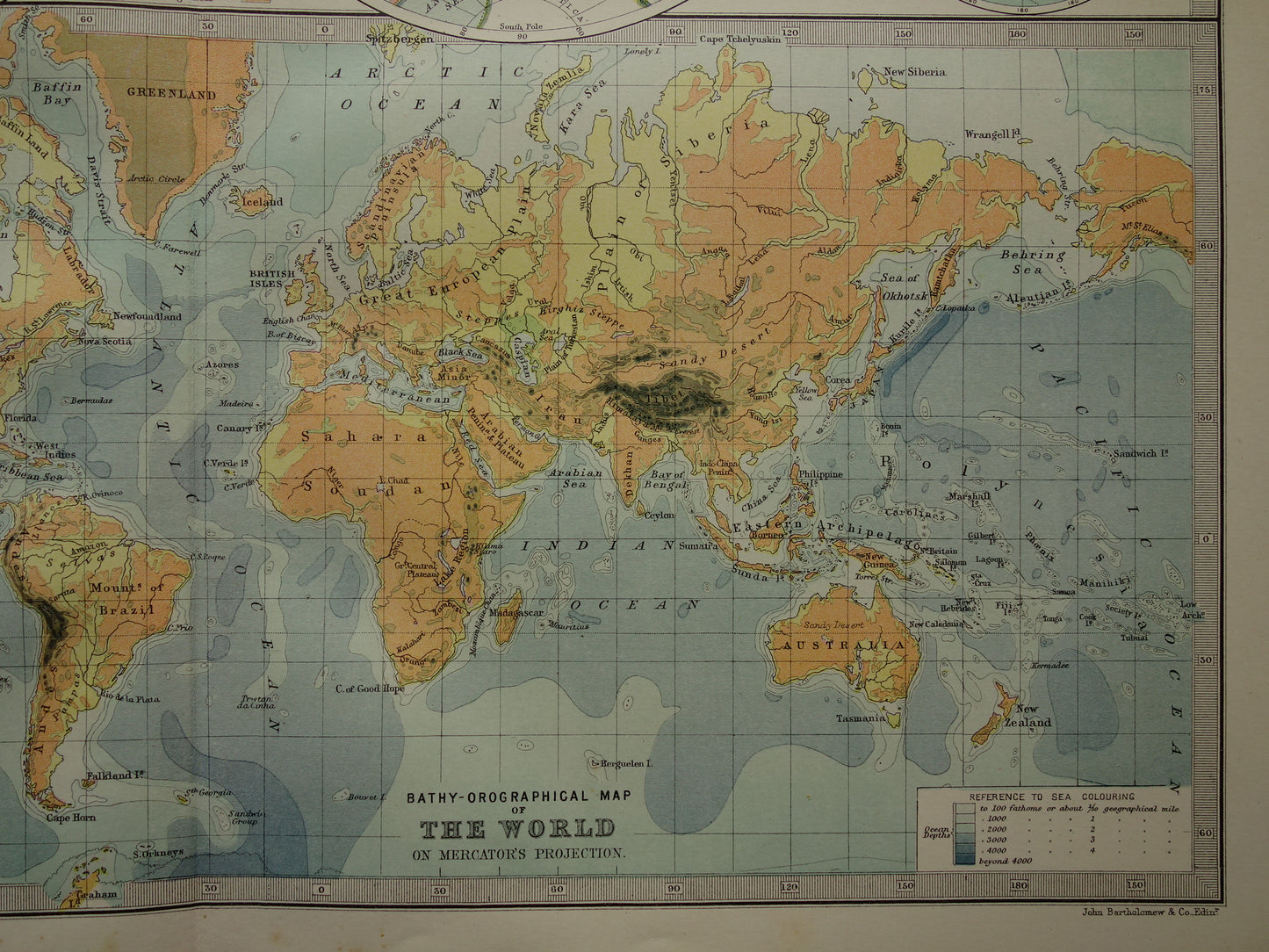 Antieke Wereldkaart oude kaart van de Wereld uit 1890 originele vintage Engelse geografische landkaart oceanen