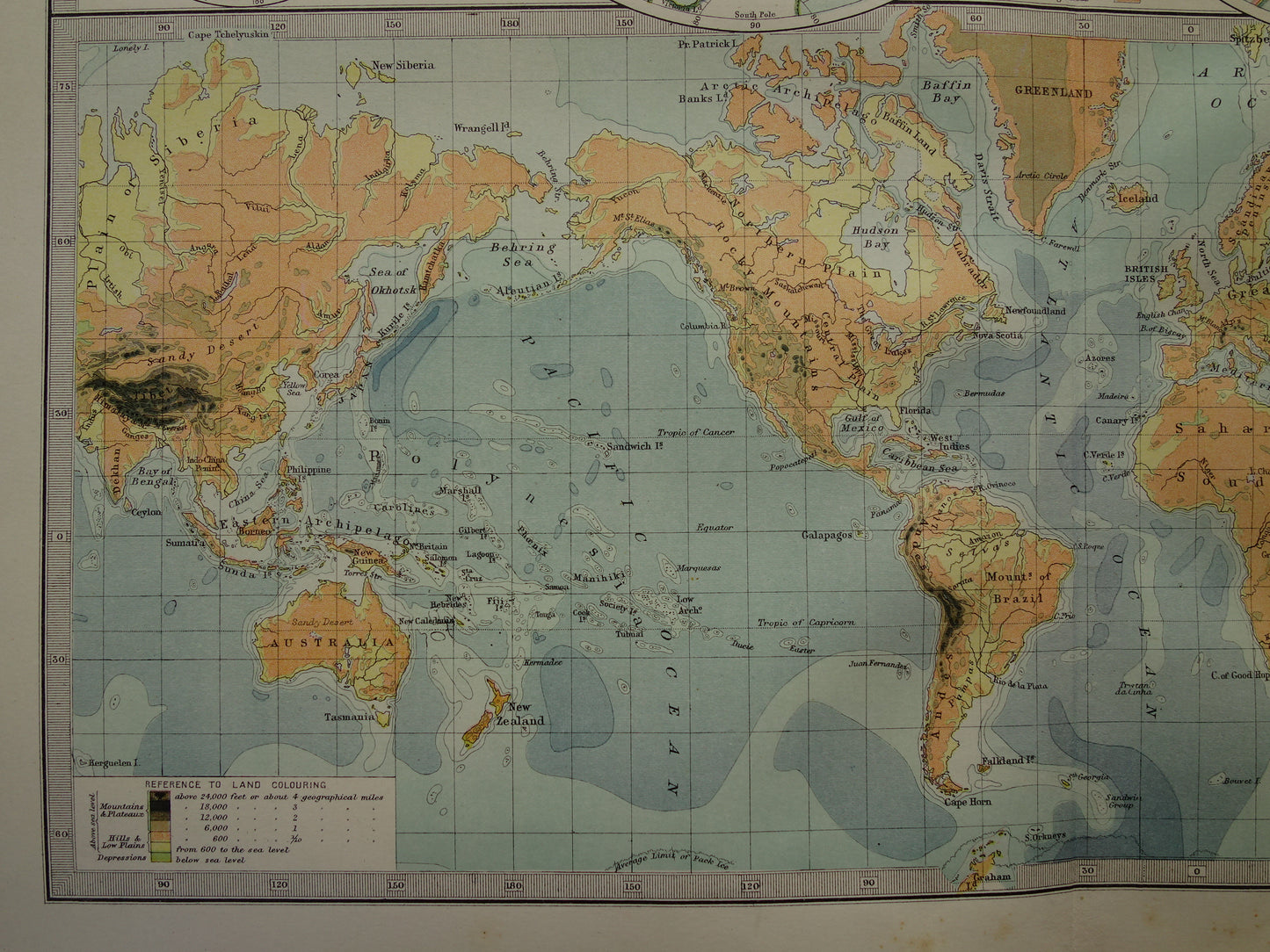 Antieke Wereldkaart oude kaart van de Wereld uit 1890 originele vintage Engelse geografische landkaart oceanen