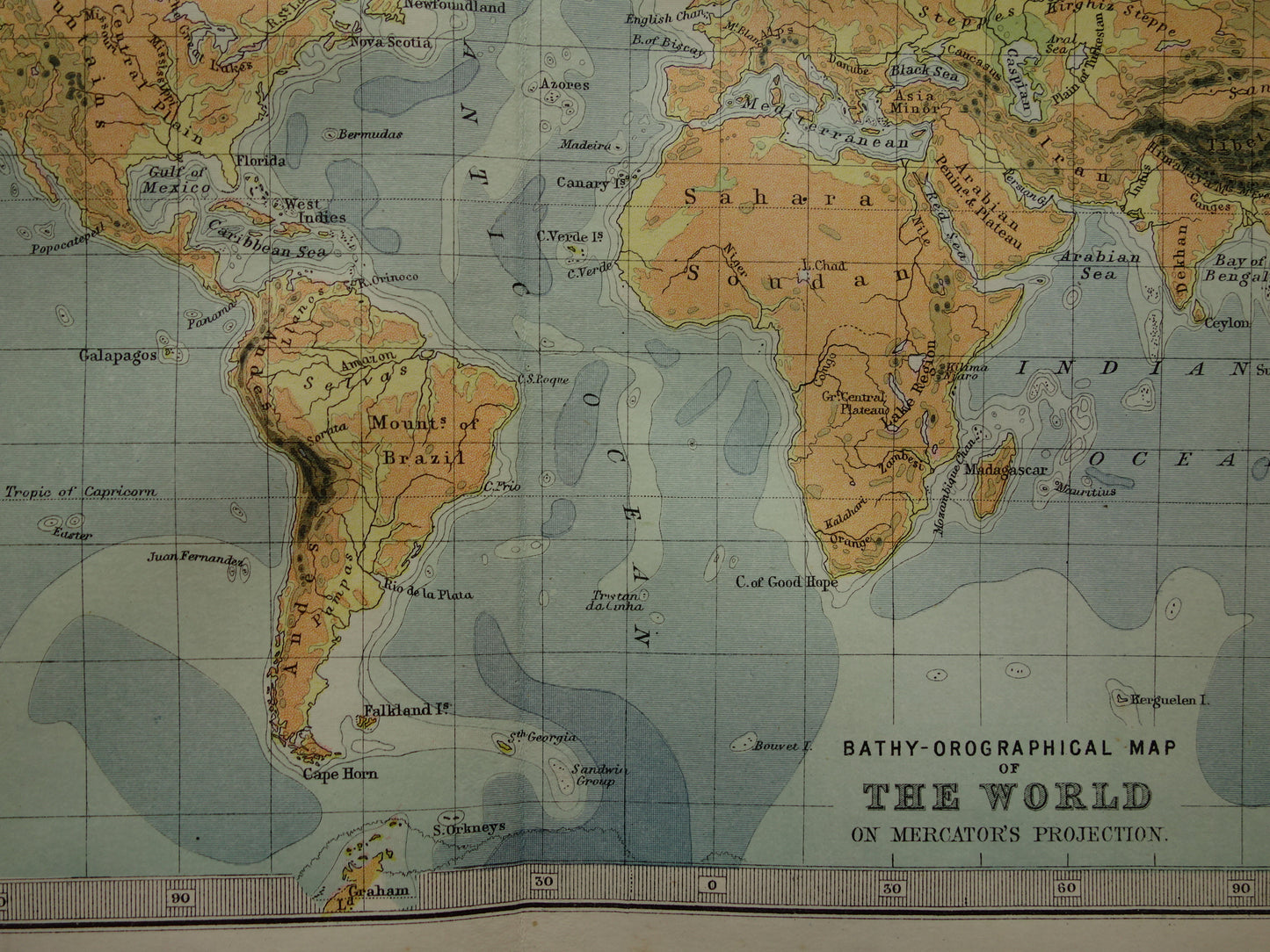 Antieke Wereldkaart oude kaart van de Wereld uit 1890 originele vintage Engelse geografische landkaart oceanen