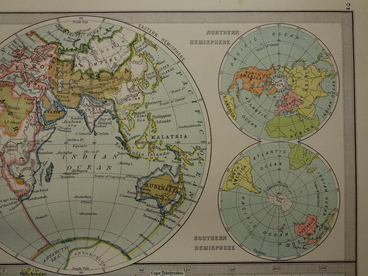 Antieke Wereldkaart oude kaart van de Wereld uit 1890 originele vintage Engelse geografische landkaart oceanen