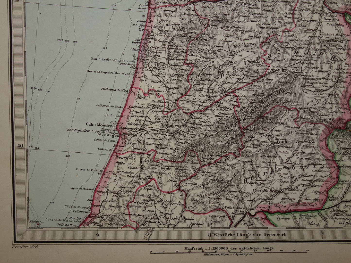 Oude kaart van noordwest Spanje Portugal 1886 originele antieke landkaart Salamanca Santander La Coruna