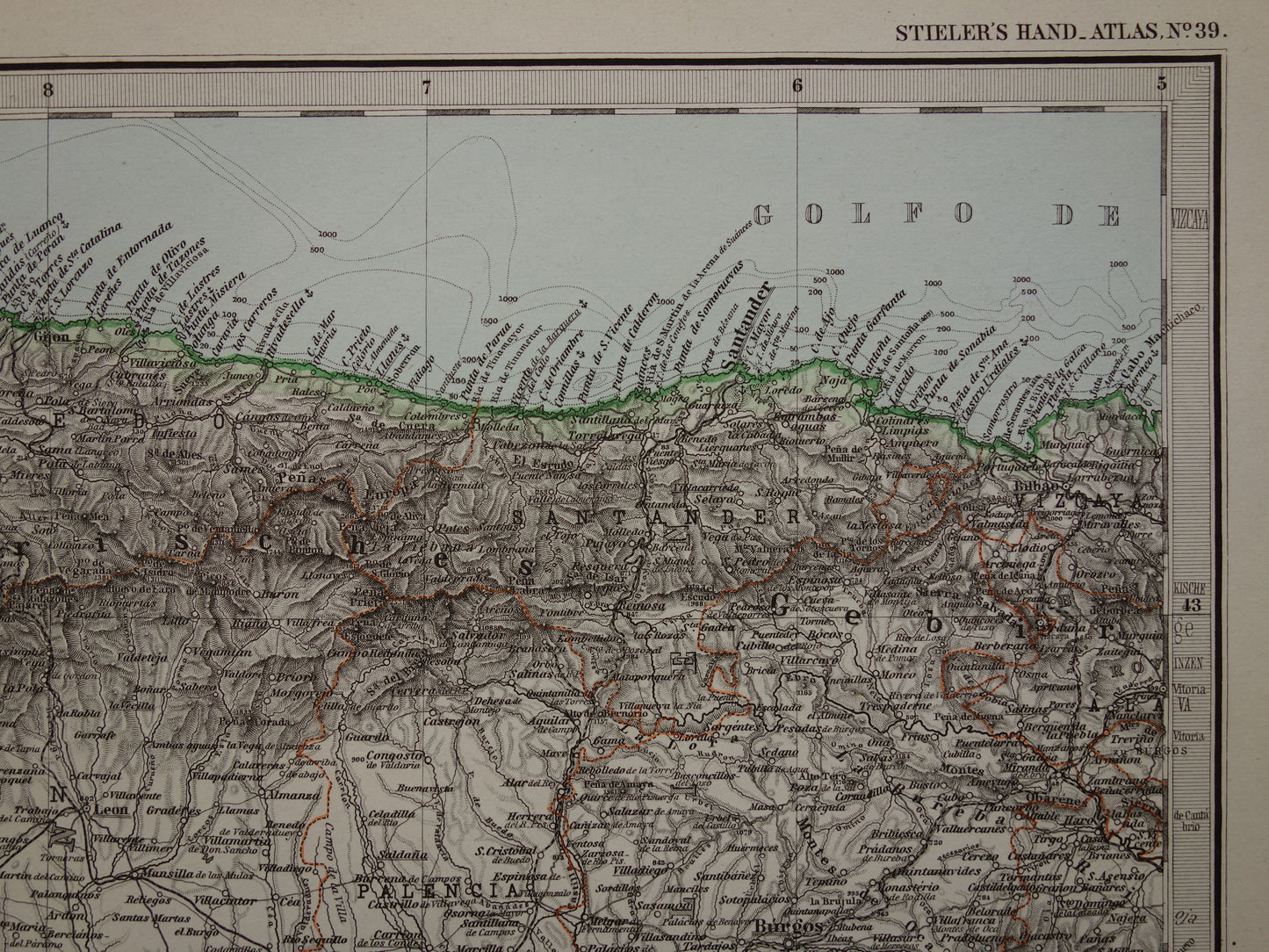 Oude kaart van noordwest Spanje Portugal 1886 originele antieke landkaart Salamanca Santander La Coruna