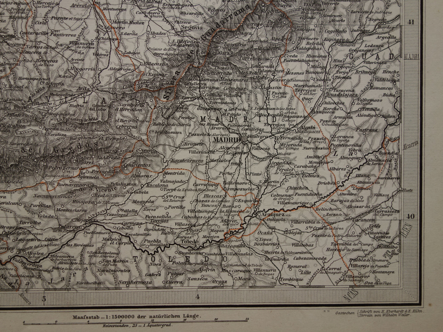 Oude kaart van noordwest Spanje Portugal 1886 originele antieke landkaart Salamanca Santander La Coruna