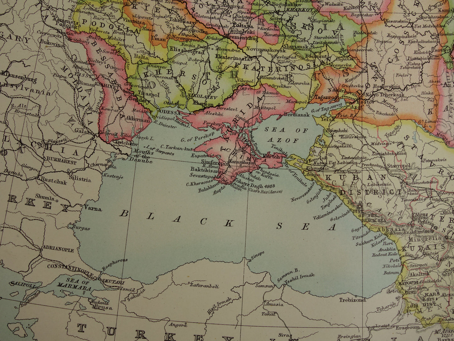 RUSLAND oude kaart van Europees Rusland in 1890 originele antieke Engelse landkaart van Rusland poster