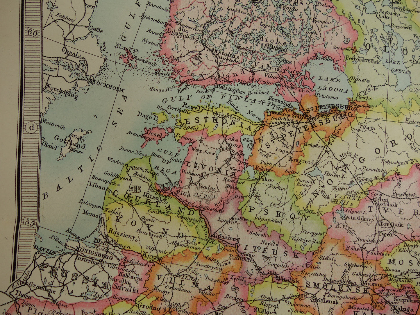 RUSLAND oude kaart van Europees Rusland in 1890 originele antieke Engelse landkaart van Rusland poster