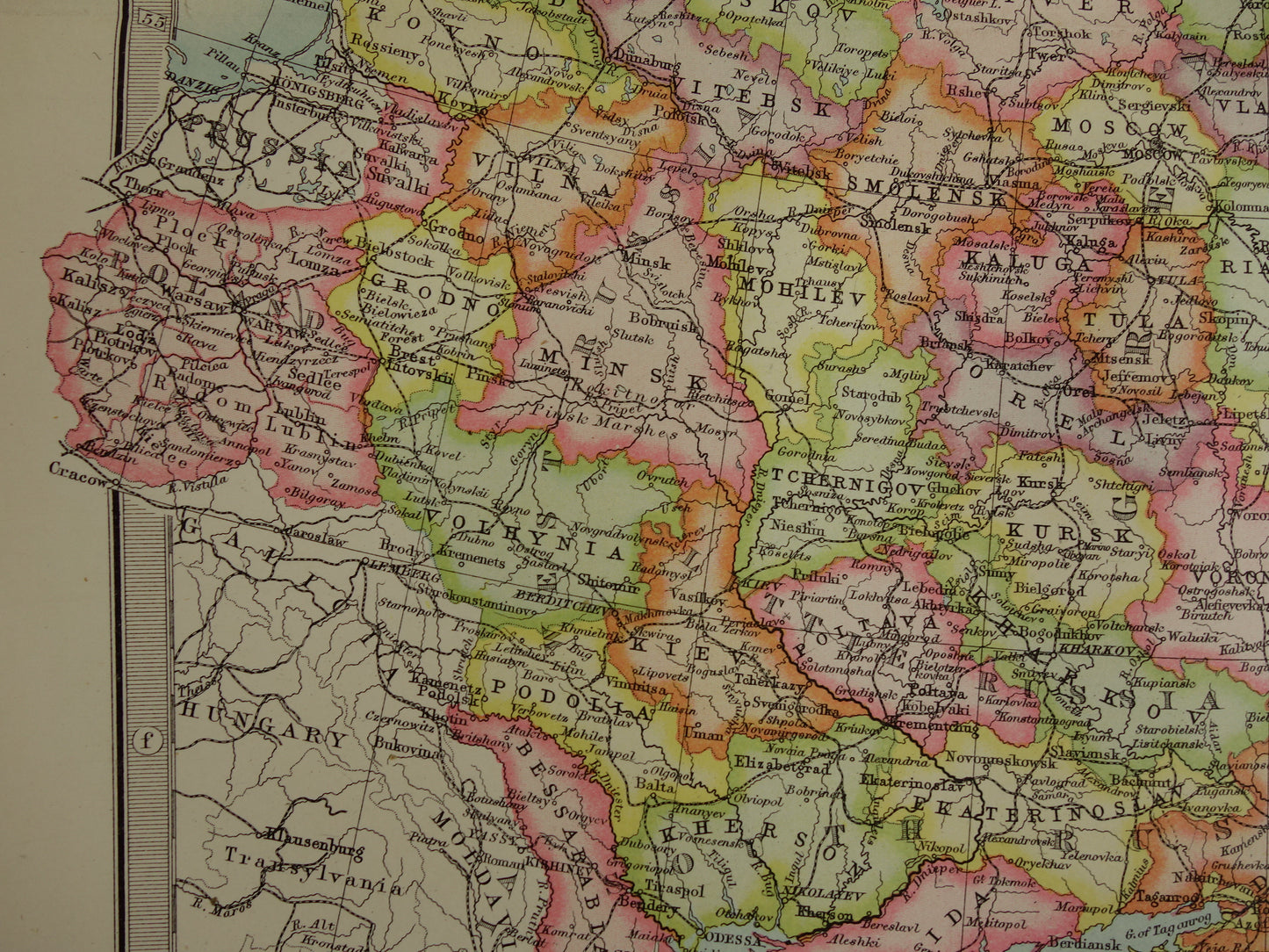 RUSLAND oude kaart van Europees Rusland in 1890 originele antieke Engelse landkaart van Rusland poster