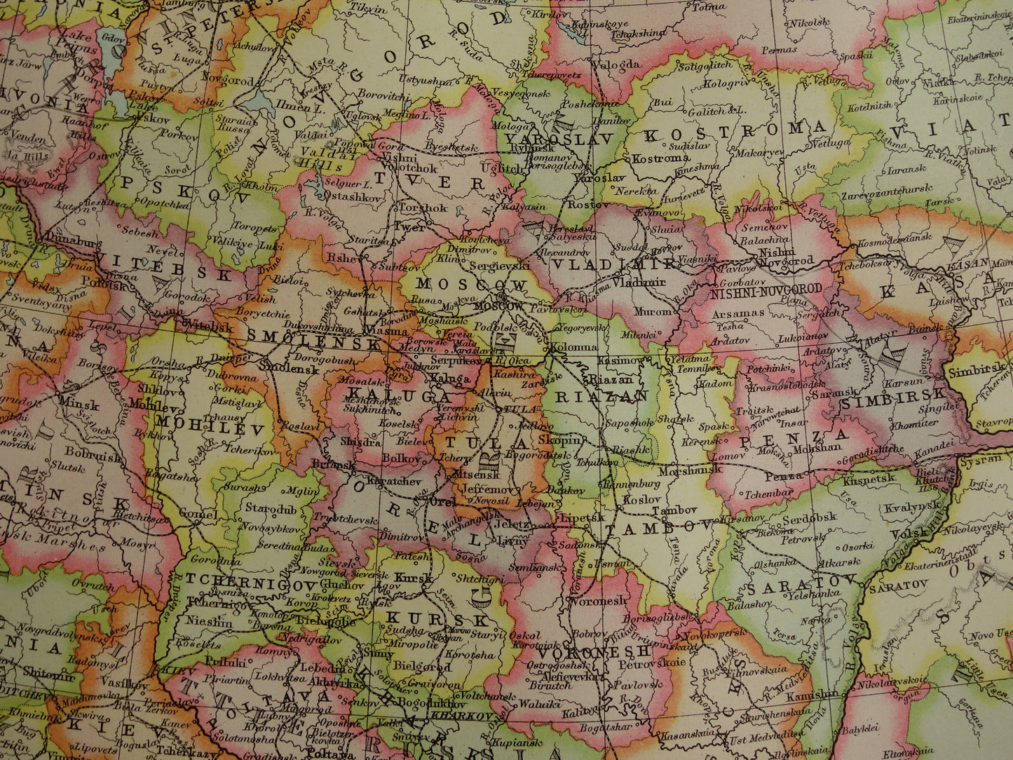 RUSLAND oude kaart van Europees Rusland in 1890 originele antieke Engelse landkaart van Rusland poster