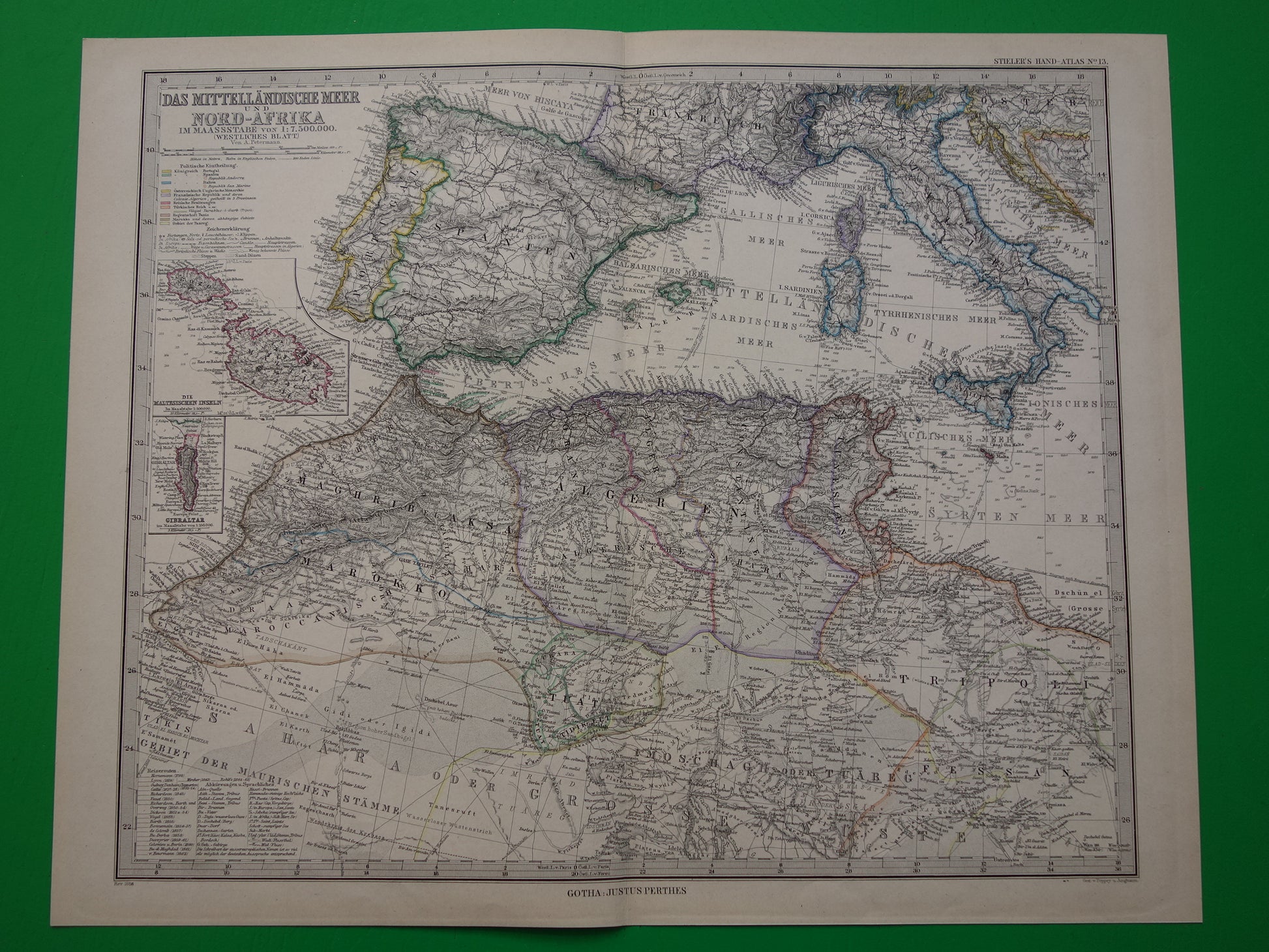 Middellandse Zee antieke kaart van Mediterranée uit 1879 Originele 140+ jaar oude handgekleurde landkaart Italië Griekenland Spanje Turkije Noord-Afrika poster M. zeegebied