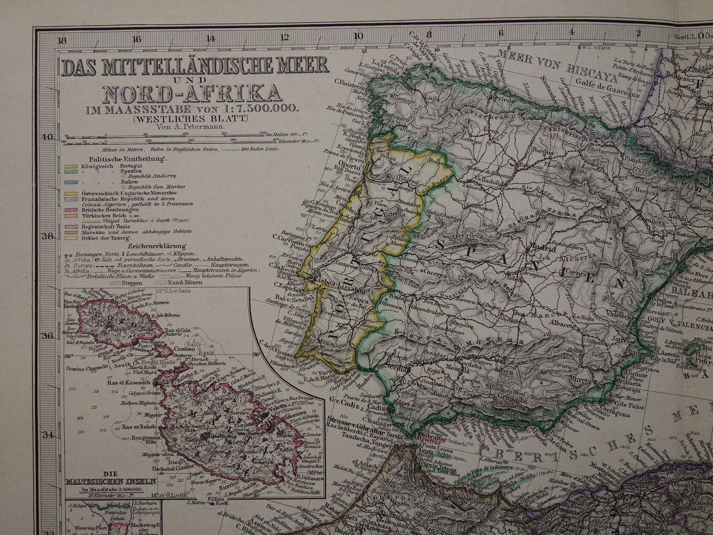 Middellandse Zee antieke kaart van Mediterranée uit 1886 Originele 135+ jaar oude handgekleurde landkaart Italië Griekenland Spanje Turkije Noord-Afrika poster M. zeegebied