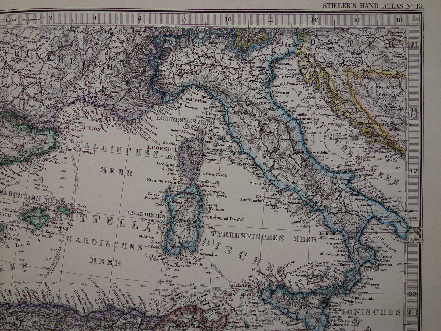 Middellandse Zee antieke kaart van Mediterranée uit 1886 Originele 135+ jaar oude handgekleurde landkaart Italië Griekenland Spanje Turkije Noord-Afrika poster M. zeegebied