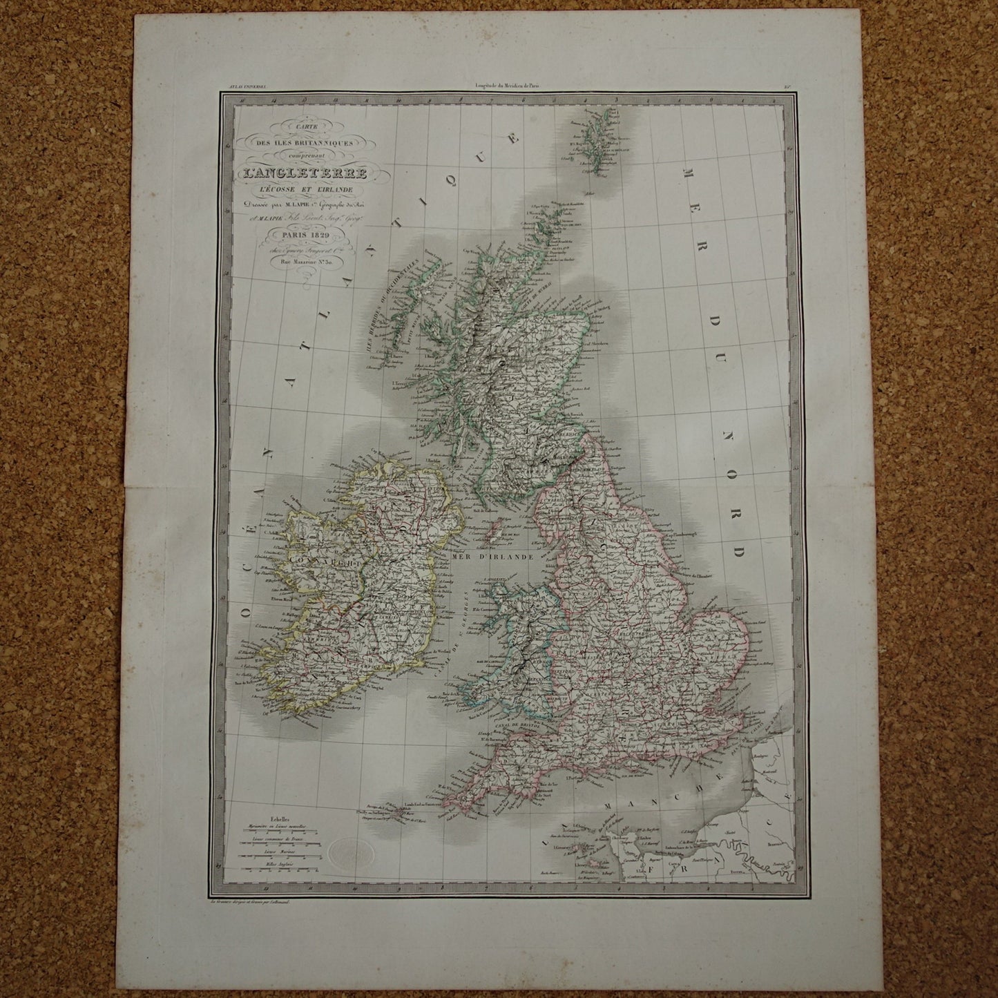 Grote vintage landkaart van GROOT BRITTANIË en IERLAND 190+ jaar oude antieke Franse kaart Verenigd Koninkrijk