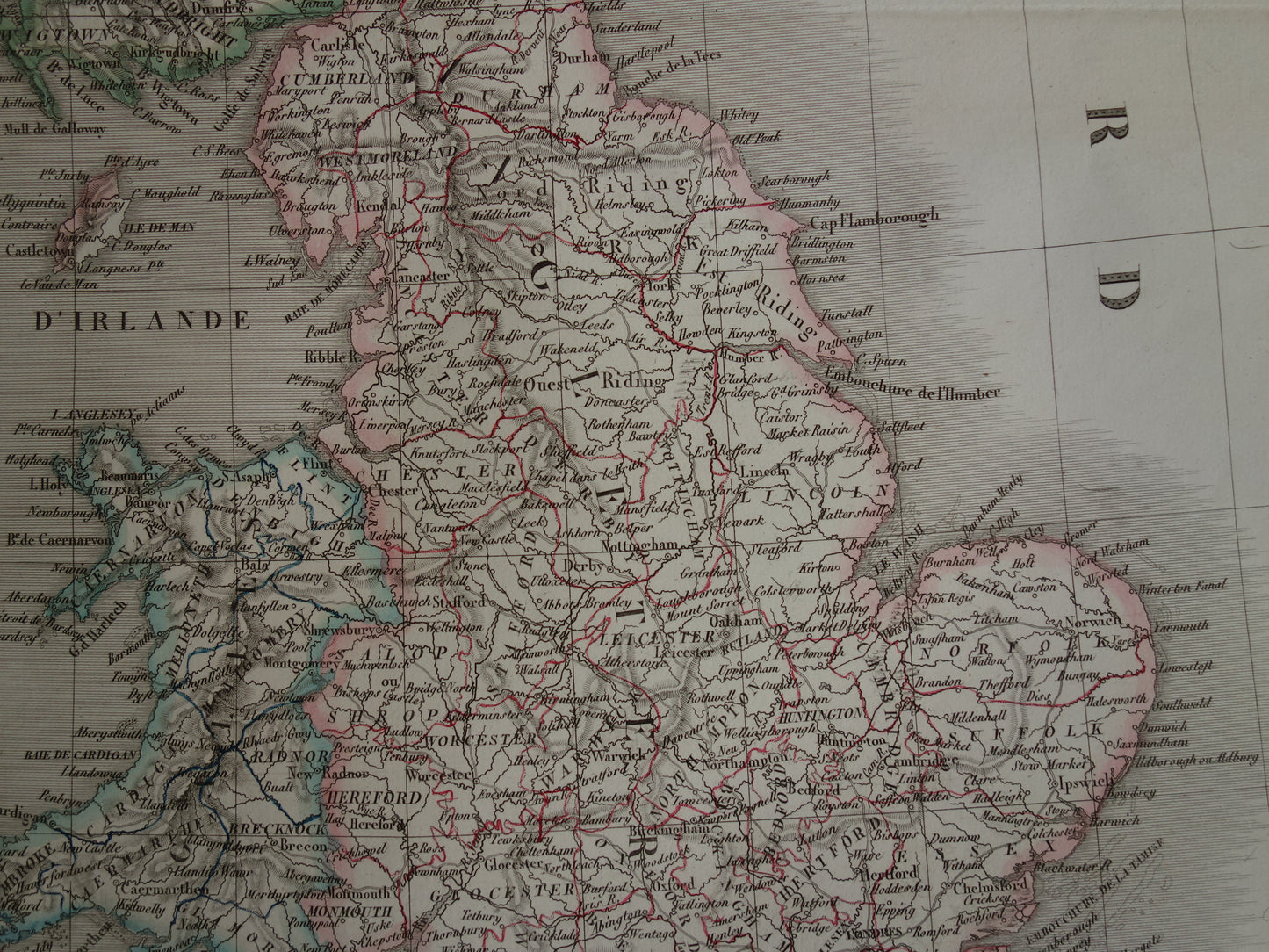 Grote vintage landkaart van GROOT BRITTANIË en IERLAND 190+ jaar oude antieke Franse kaart Verenigd Koninkrijk