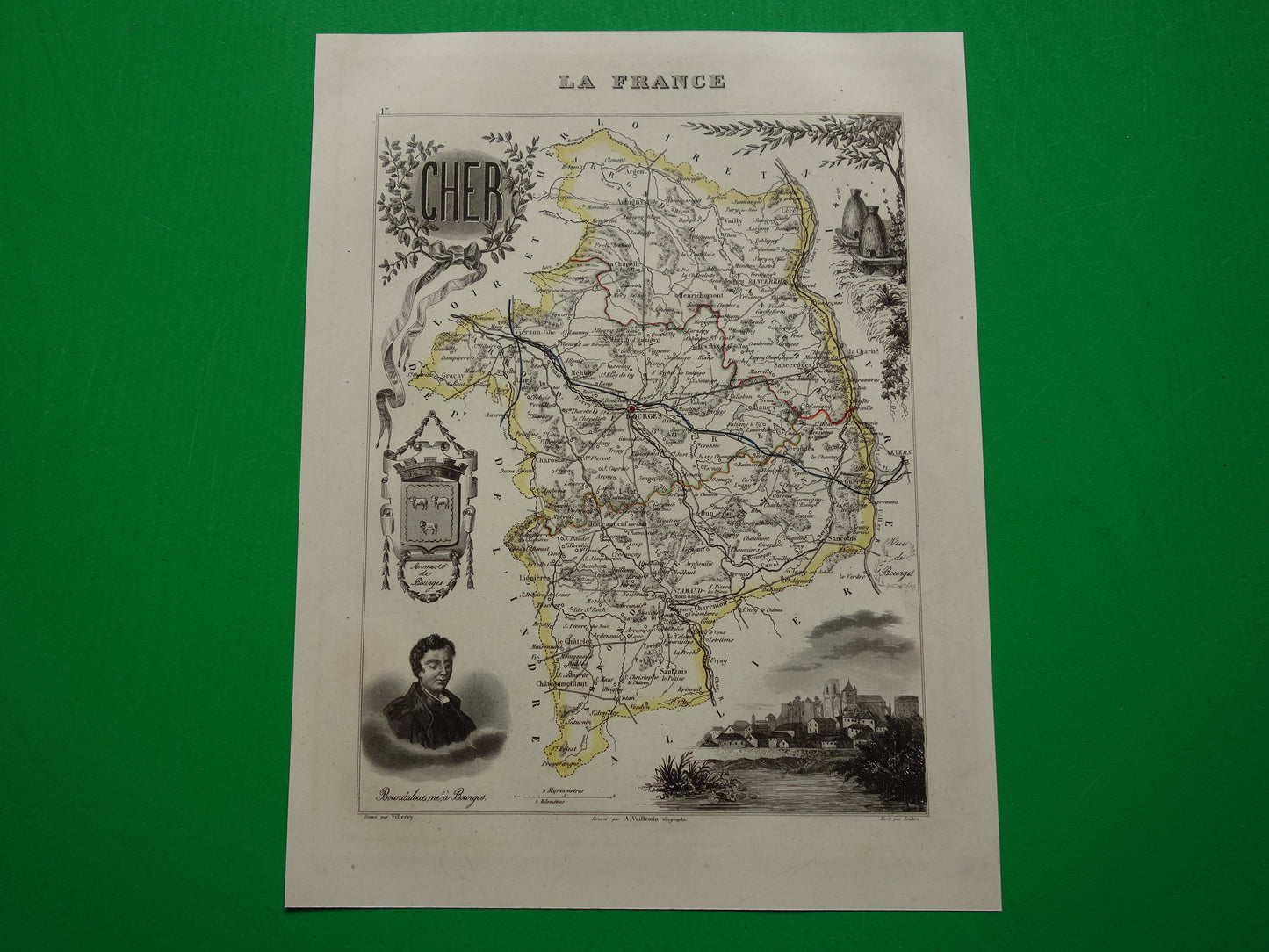 Vintage kaart van Cher departement in Frankrijk uit 1851 originele oude antieke landkaart Bourges Vierzon Baugy