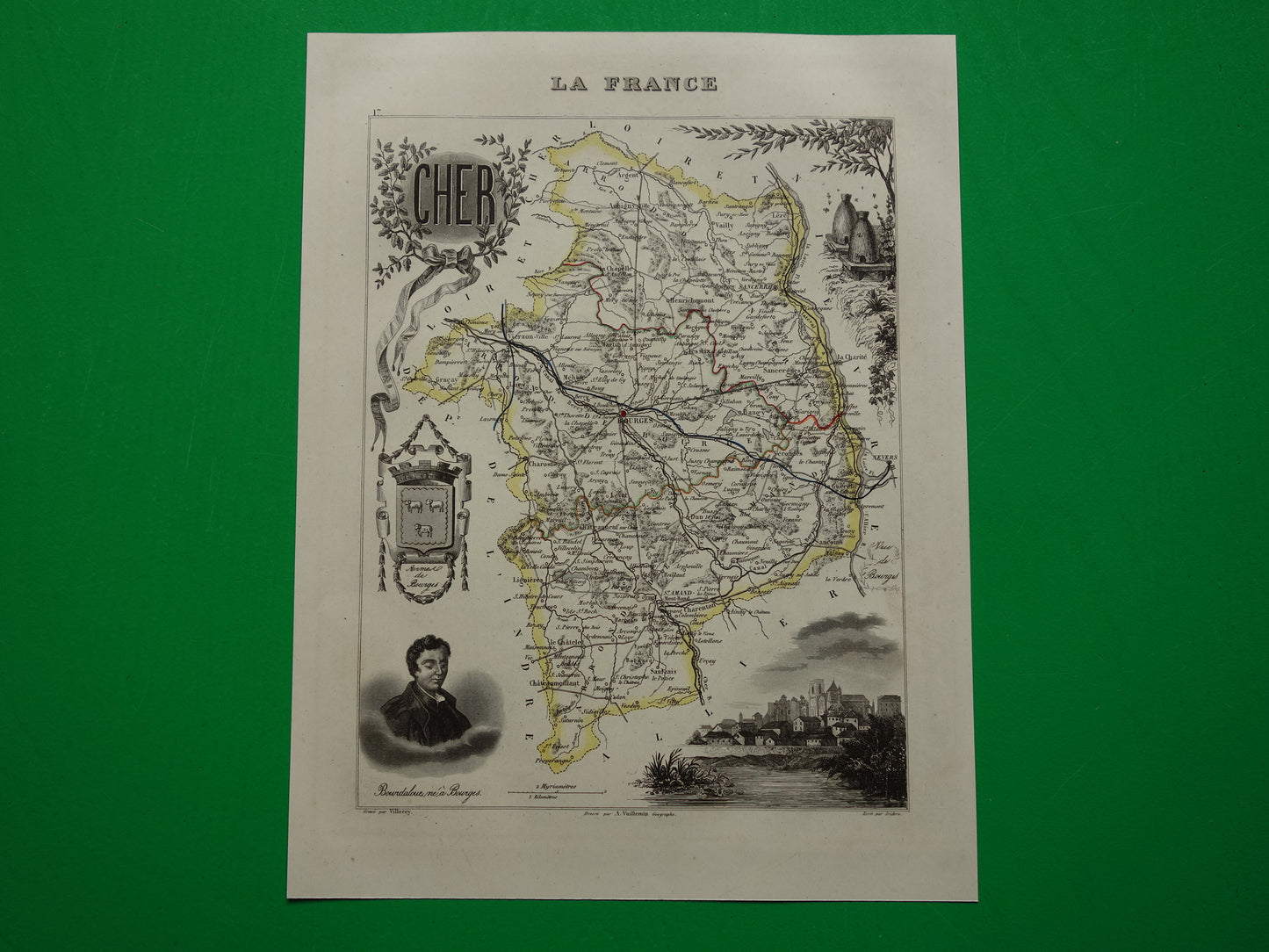 Vintage kaart van Cher departement in Frankrijk uit 1851 originele oude antieke landkaart Bourges Vierzon Baugy