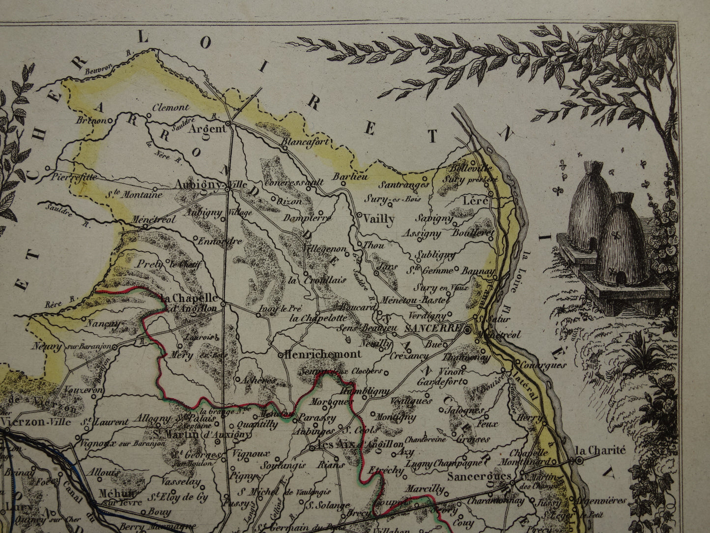 Vintage kaart van Cher departement in Frankrijk uit 1851 originele oude antieke landkaart Bourges Vierzon Baugy