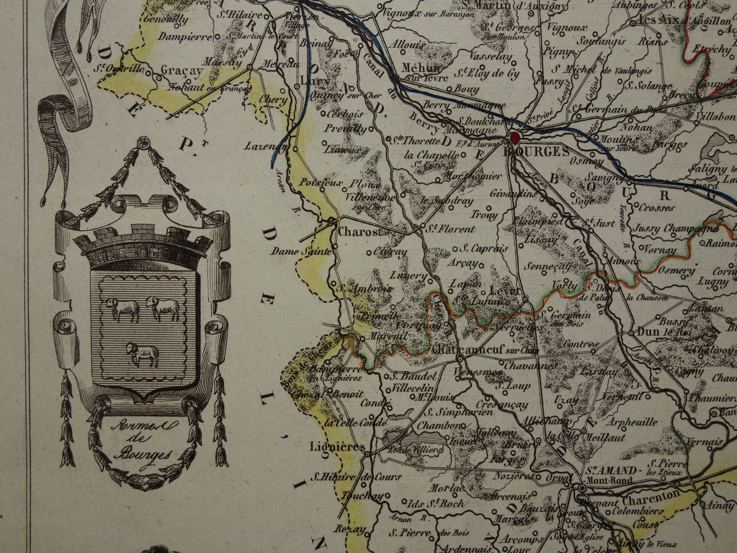 Vintage kaart van Cher departement in Frankrijk uit 1851 originele oude antieke landkaart Bourges Vierzon Baugy