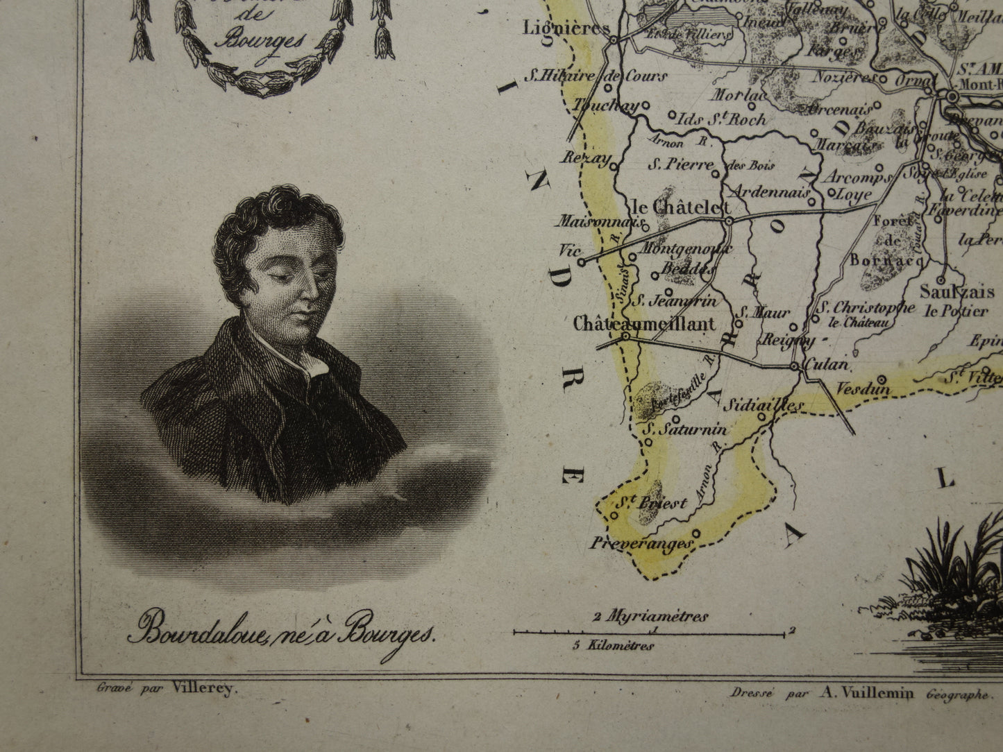 Vintage kaart van Cher departement in Frankrijk uit 1851 originele oude antieke landkaart Bourges Vierzon Baugy