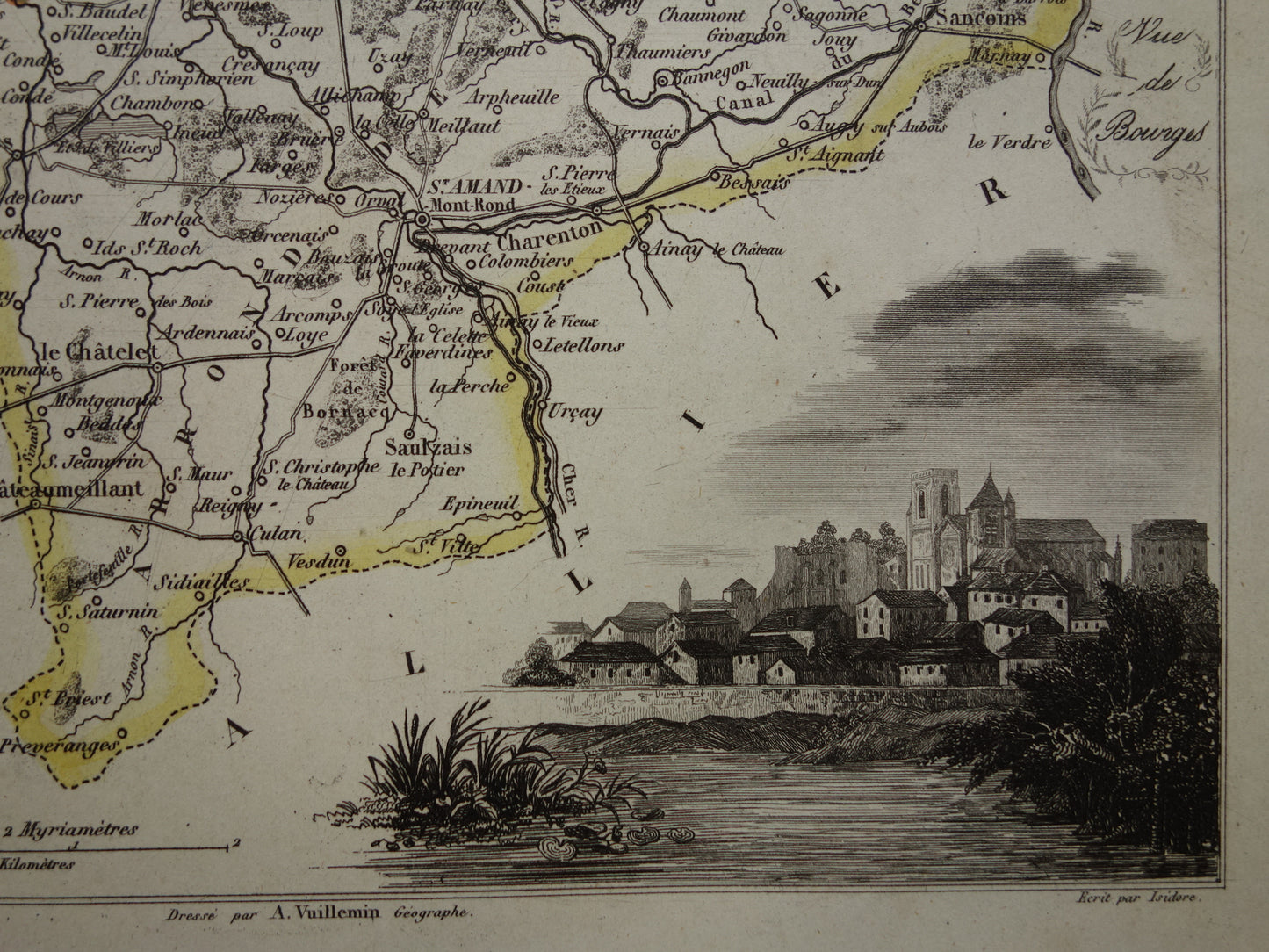 Vintage kaart van Cher departement in Frankrijk uit 1851 originele oude antieke landkaart Bourges Vierzon Baugy