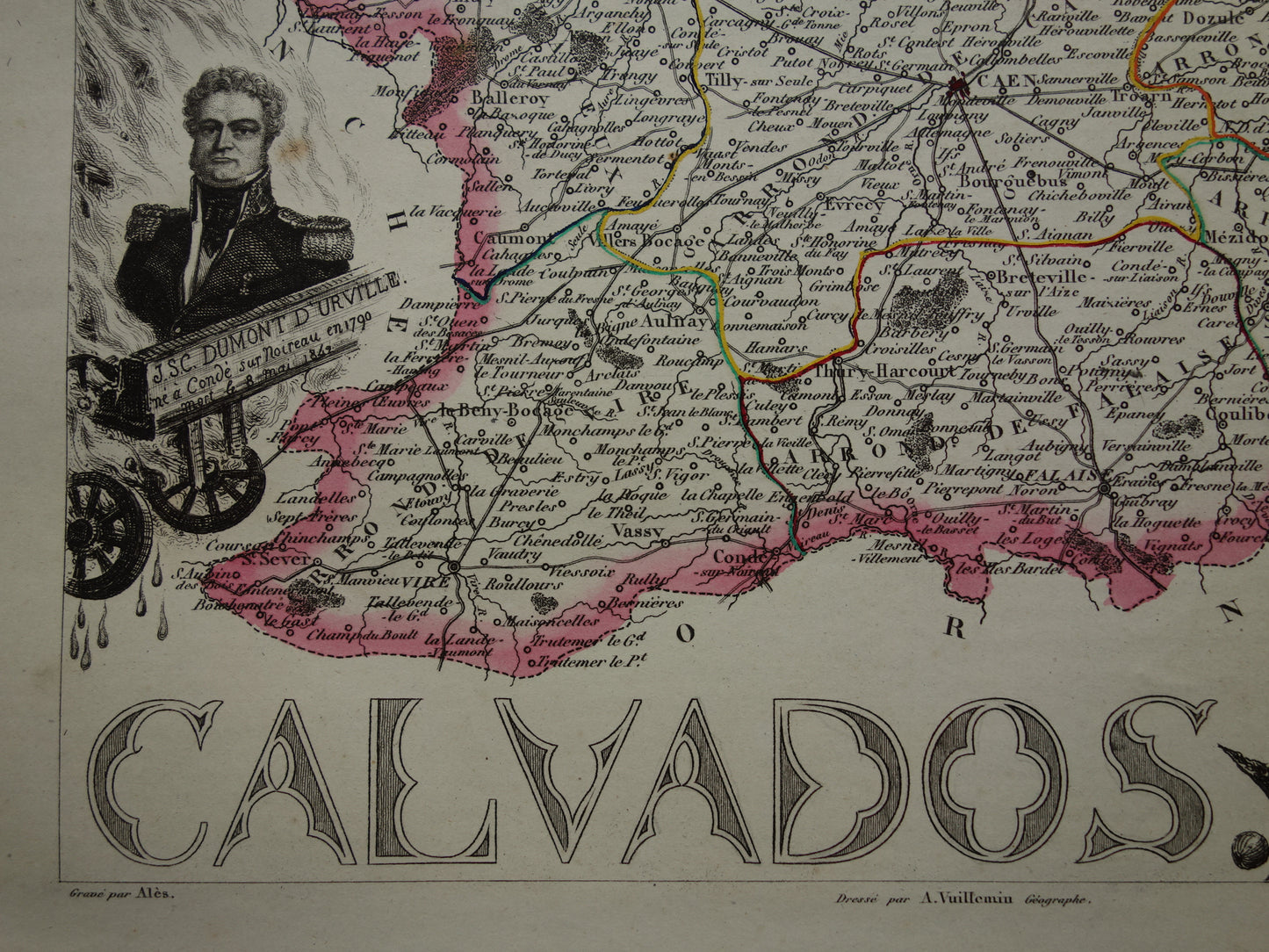 Antieke kaart van Calvados departement in Frankrijk uit 1851 originele oude handgekleurde landkaart Caen Hérouville-Saint-Clair Lisieux Bayeux