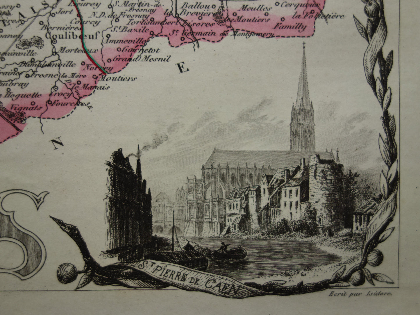 Antieke kaart van Calvados departement in Frankrijk uit 1851 originele oude handgekleurde landkaart Caen Hérouville-Saint-Clair Lisieux Bayeux