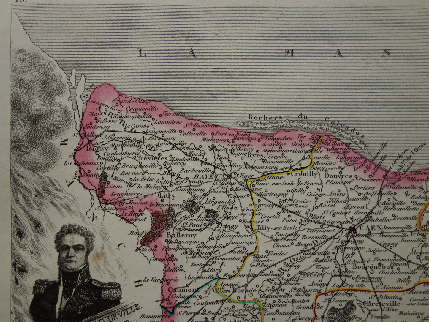 Antieke kaart van Calvados departement in Frankrijk uit 1851 originele oude handgekleurde landkaart Caen Hérouville-Saint-Clair Lisieux Bayeux