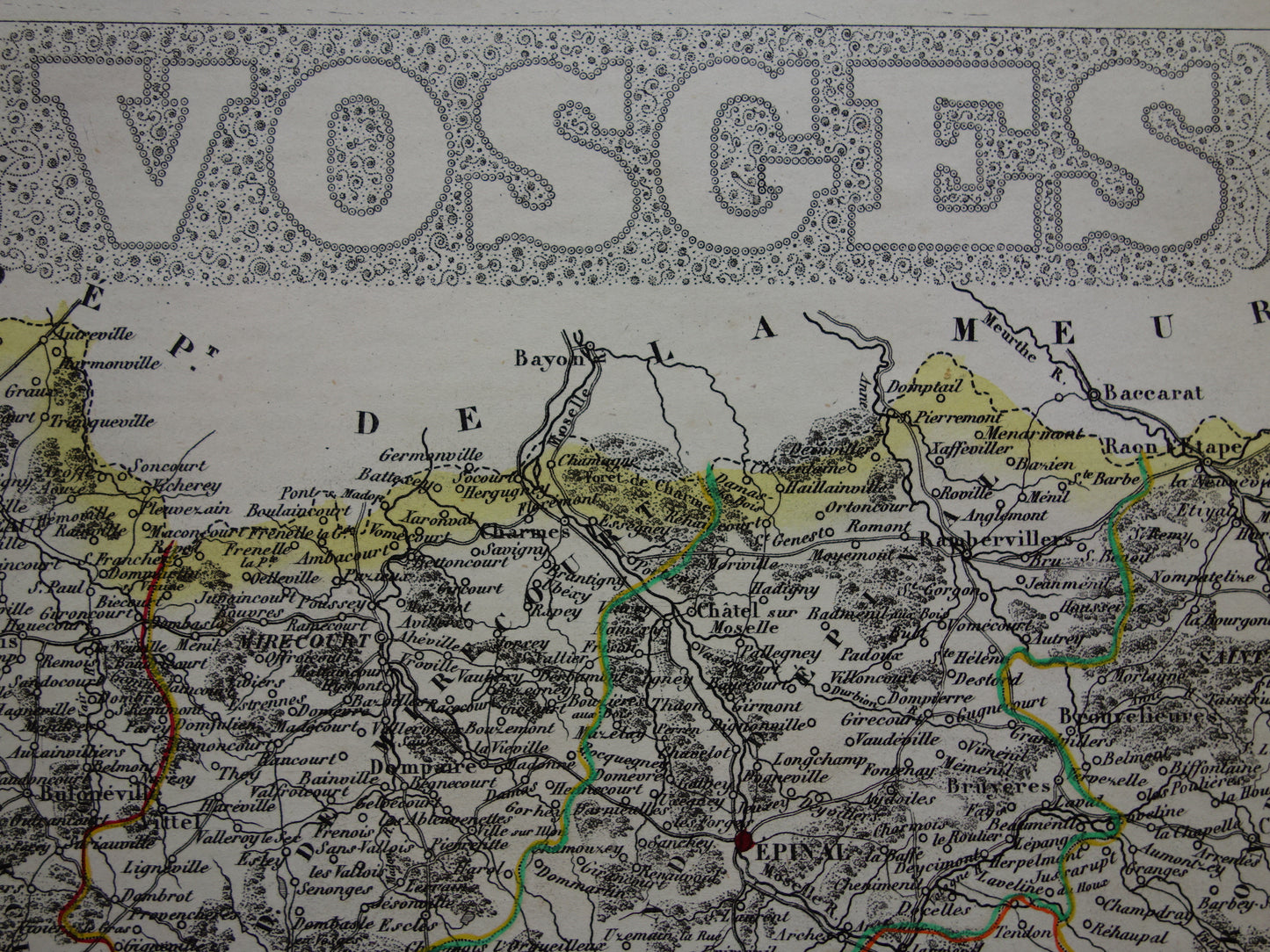 Oude kaart van VOSGES departement in Frankrijk uit 1851 originele antieke handgekleurde landkaart Épinal Contrexéville Gérardmer Jeanne d'Arc