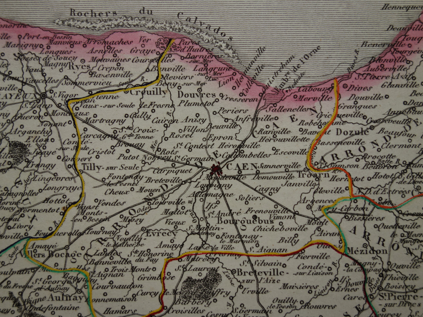 Antieke kaart van Calvados departement in Frankrijk uit 1851 originele oude handgekleurde landkaart Caen Hérouville-Saint-Clair Lisieux Bayeux